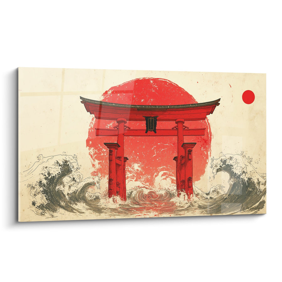 Vermilion portiek in robijnen stromen onder een rode zon - Heilige van de golven - Torii-editie