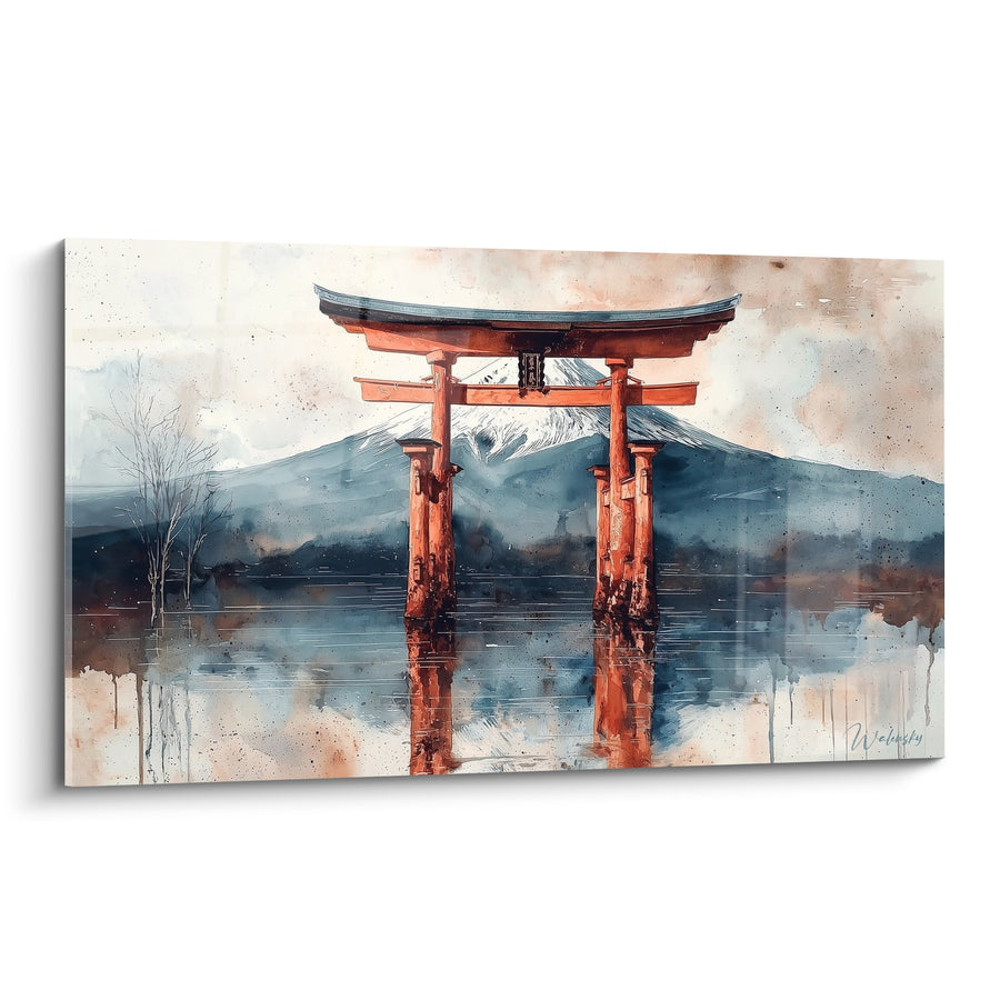 Schilderij van een rode vermiljoen torii poort in de ochtendmist met aquarelachtige reflecties - Japanse sereniteit - Torii editie