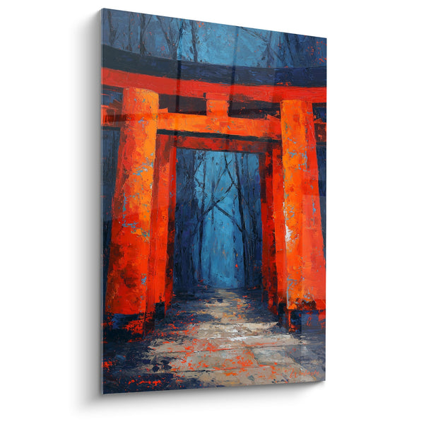 Tableau torii rood bessenrood in mistige blauwe bos - Mystiek portaal - Editie torii