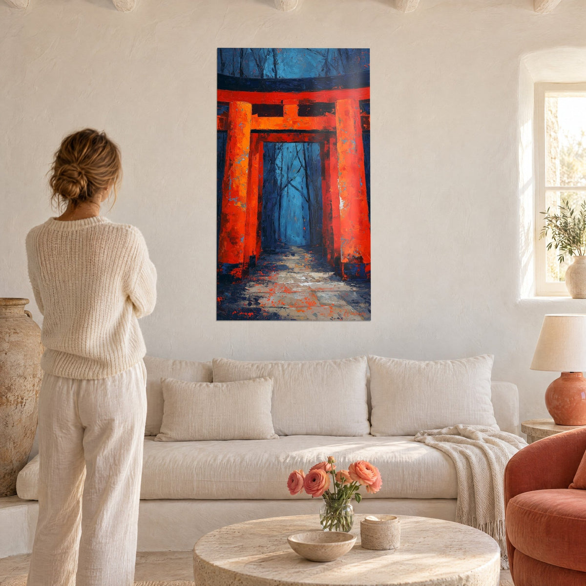 Cuadro puerta torii bermellón que se abre a un bosque azul medianoche, mujer de espaldas, sobre un sofá en un salón luminoso