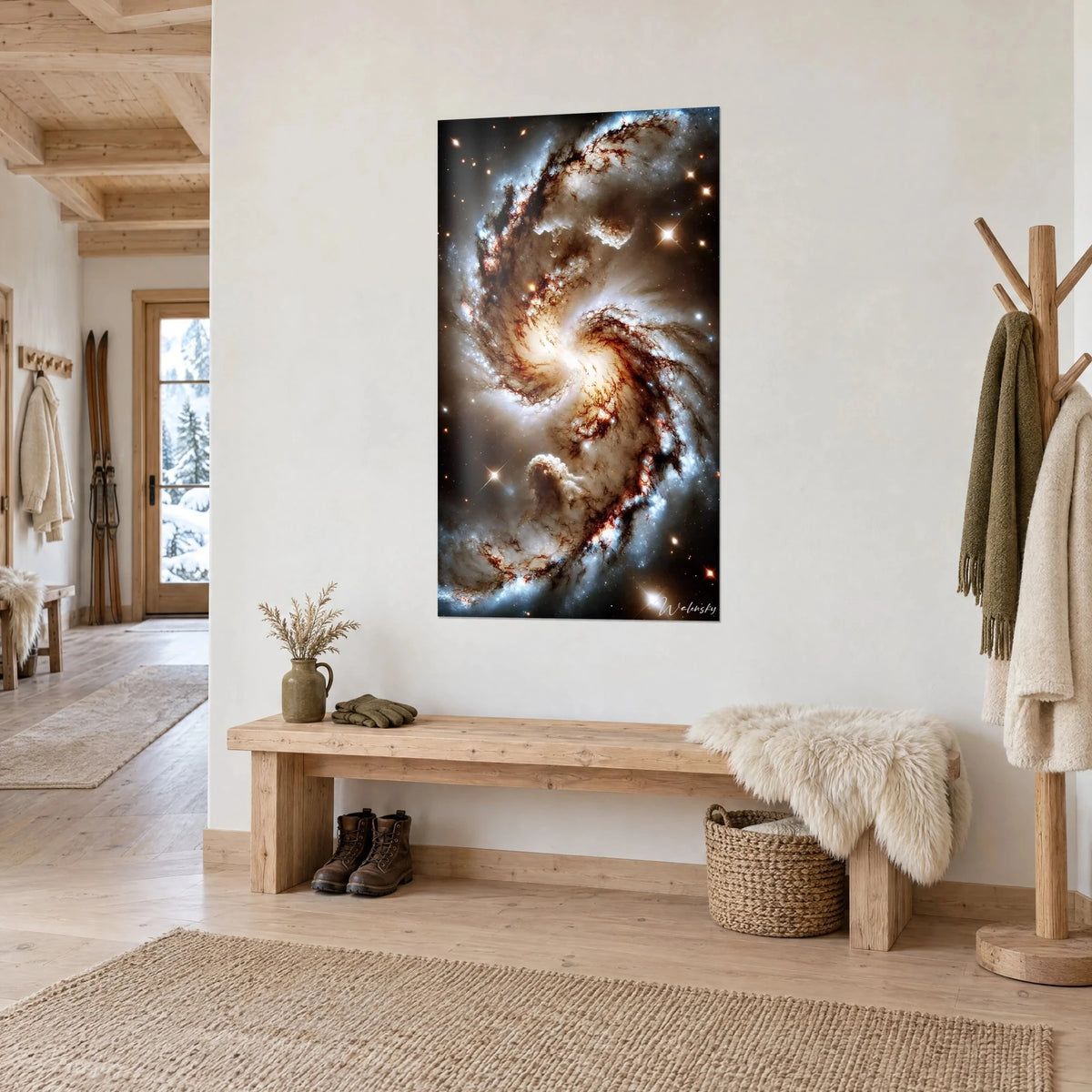 Tableau nébuleuse en tourbillon cuivré et bleu glacé, étoiles scintillantes, accroché dans l'entrée d'un chalet