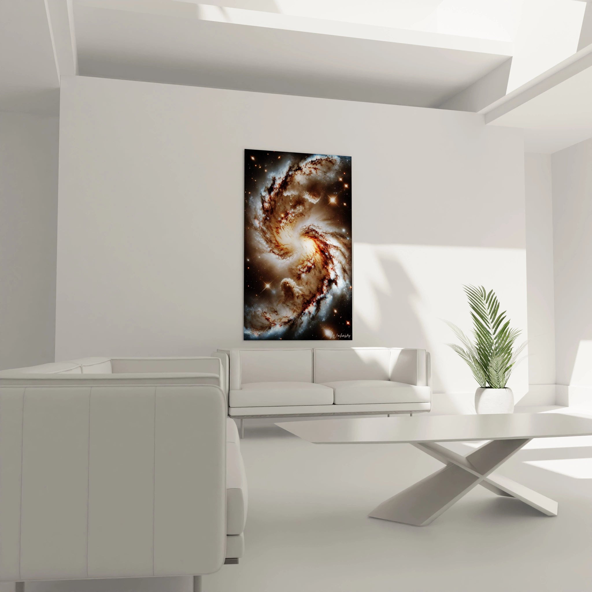 tableau espace au dessus d un canape dans un salon contemporain galaxies spirales et collision cosmique energie brutale tons bleu bronze blanc dynamisme et mystere parfait pour sublimer le decor

