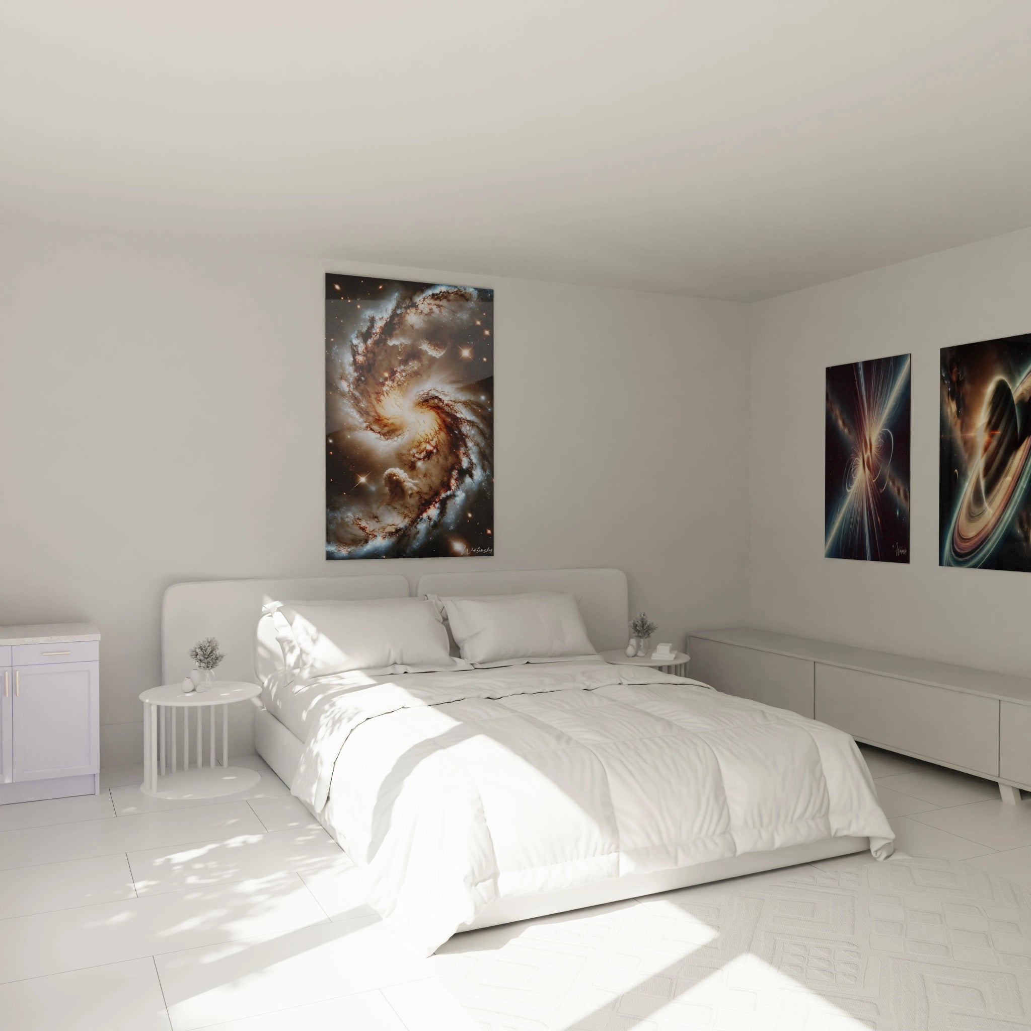 tableau espace dans une chambre au dessus du lit bras lumineux galactiques en explosion de lumiere ambiance meditante teintes sombres et contrastes lumineux energie infinie ideale pour la reflexion

