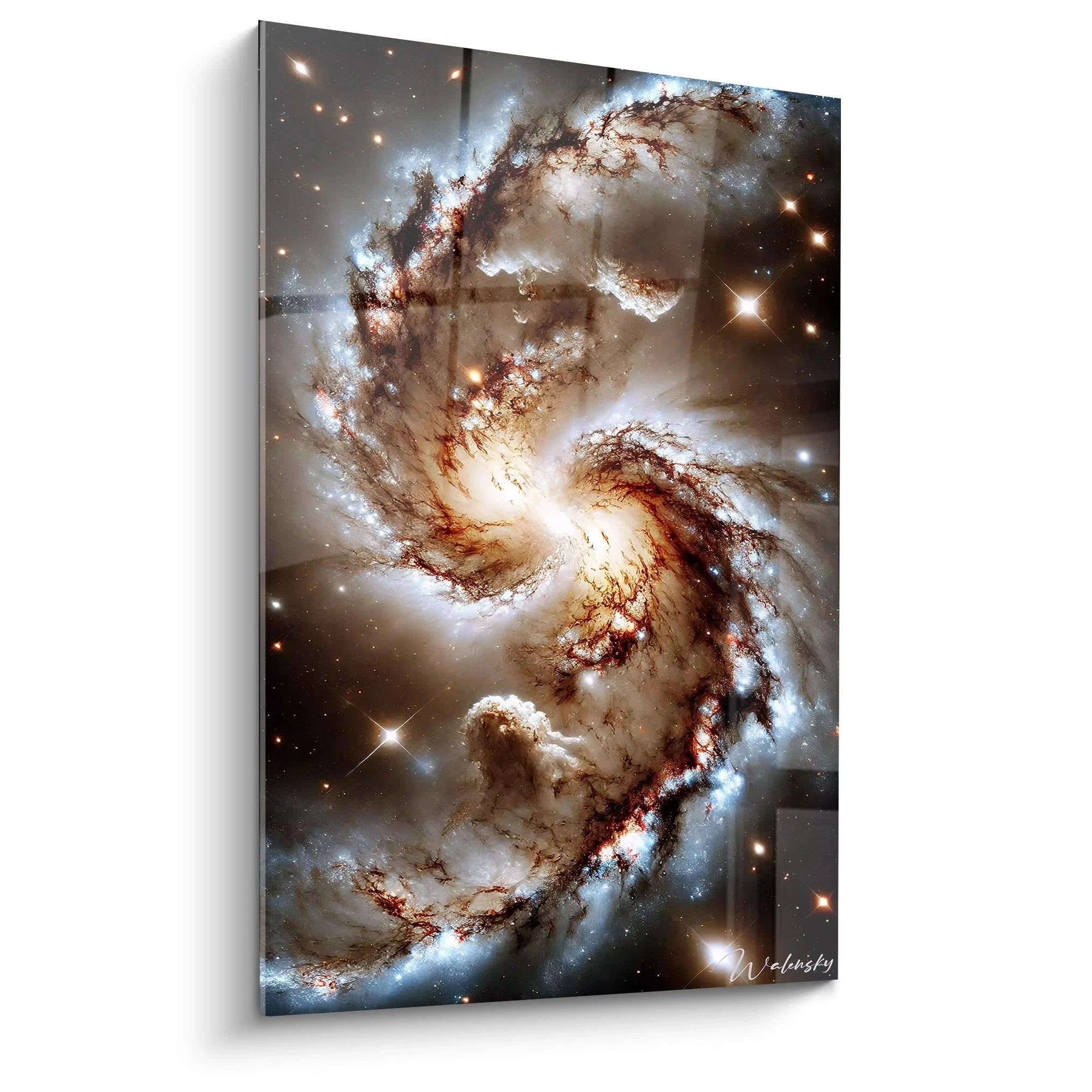 tableau espace vue de biais representation d'une collision cosmique intense teintes bronze bleu et blanc profondeur et textures stellaires effet apaisant et energique dans un decor contemporain

