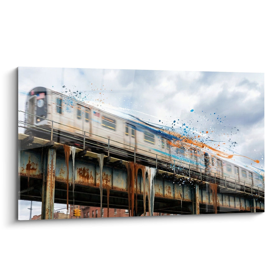 Tableau Train en Mouvement sur Pont Métallique avec Éclaboussures Colorées - Dynamisme Urbain - Edition Le Bronx