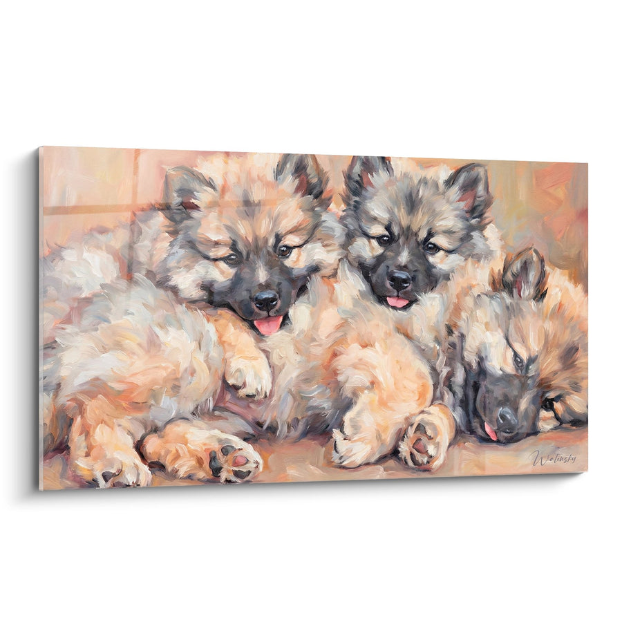 Tableau Trio de Jeunes Keeshonds aux Pelages Crème et Gris dans une Harmonie de Tons Chauds - Complicité Fraternelle - Edition Keeshond