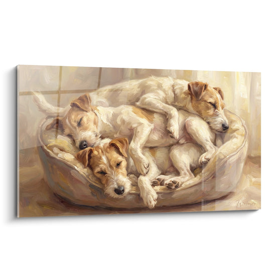 Trois Fox Terriers blottis ensemble dans panier osier tons dorés crème peinture artistique chaleureuse