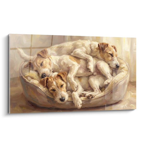 Cuadro Tres Fox Terriers Acurrucados en su Cesta - Ternura Familiar - Edición Fox Terrier