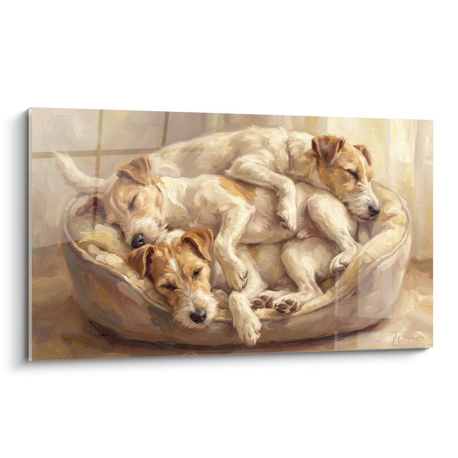 Tableau Trois Fox Terriers Blottis dans leur Panier - Tendresse Familiale - Edition Fox Terrier