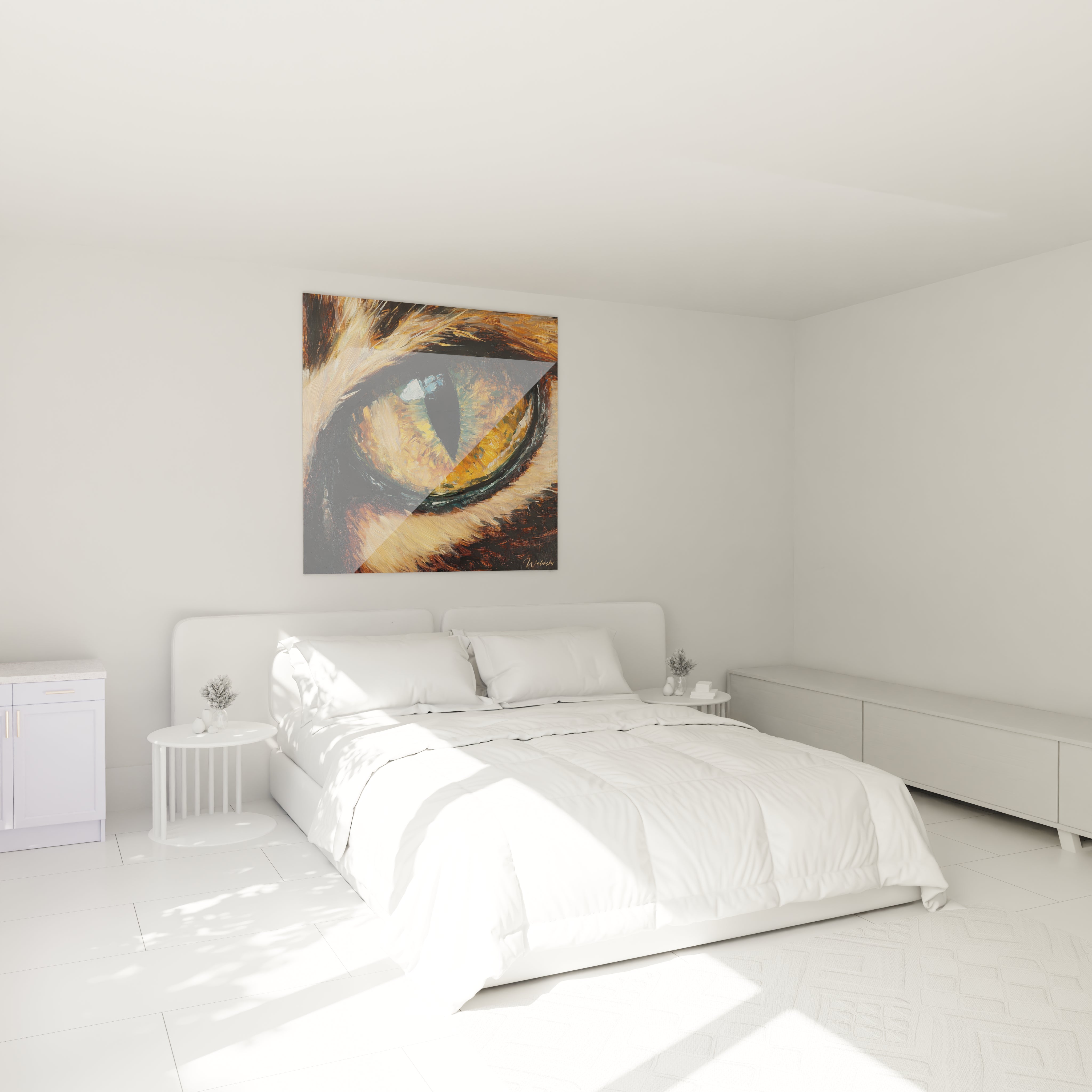 Tableau œil d'animal de la marque Walensky accroché dans une chambre lumineuse et minimaliste