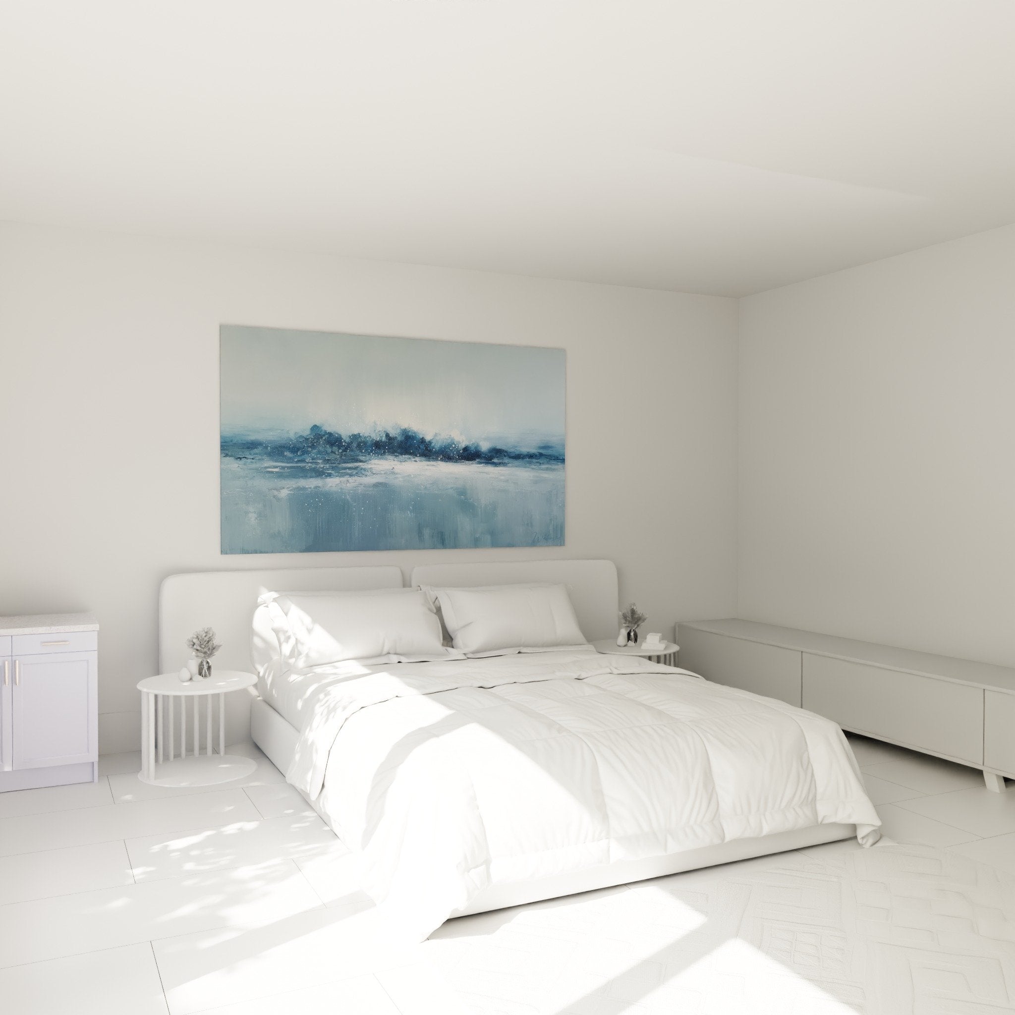 Ocean wave wall art bedroom blue feng shui west metal soothing wall decoration modern white bed
