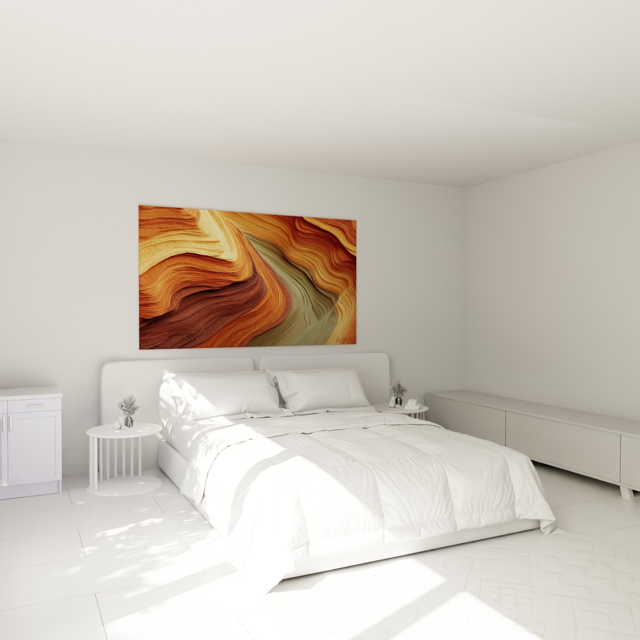 Abstract wave painting ochre bedroom zen feng shui northeast earth calming decor
