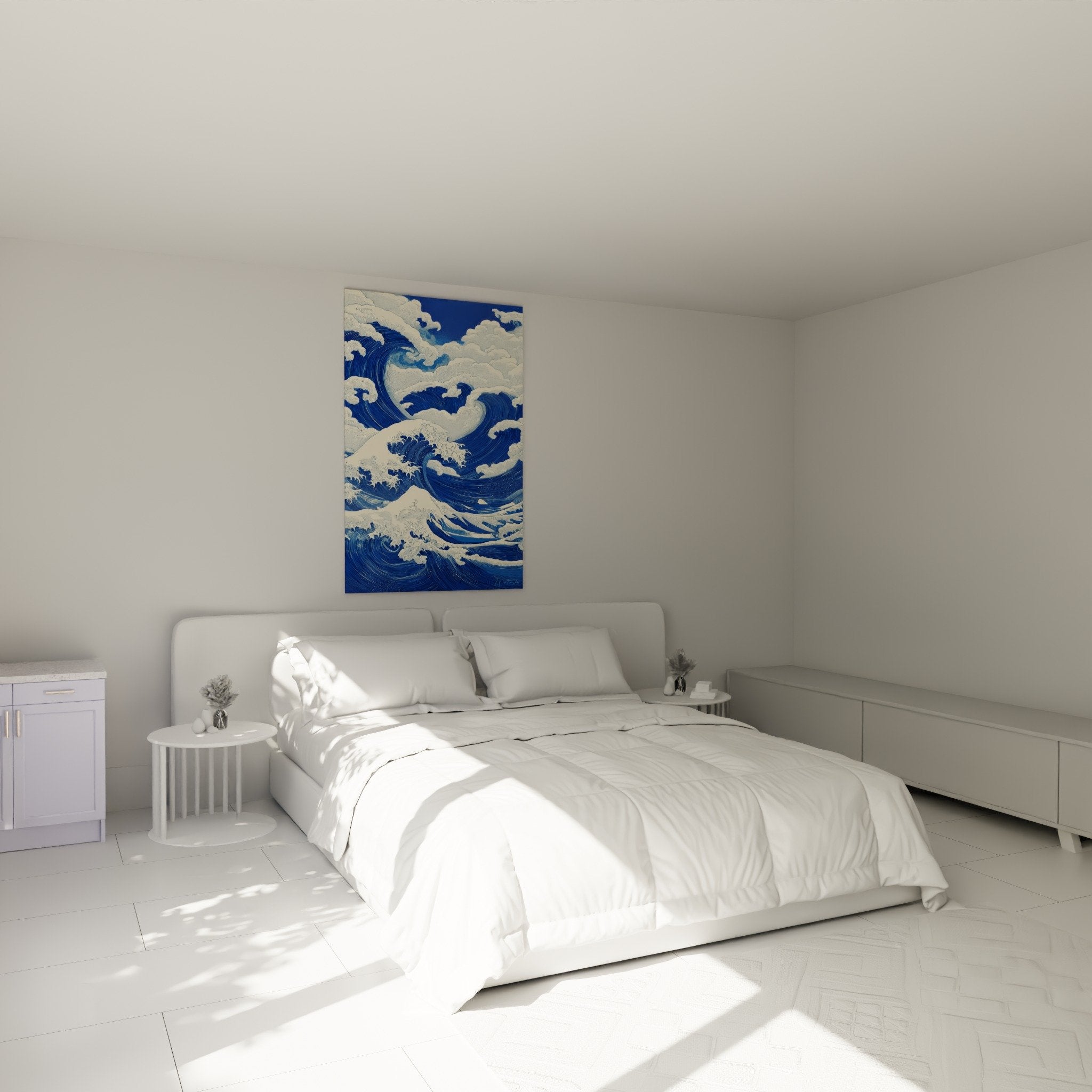 Blue ocean waves wall art in modern bedroom zen feng shui north water element calm ambiance