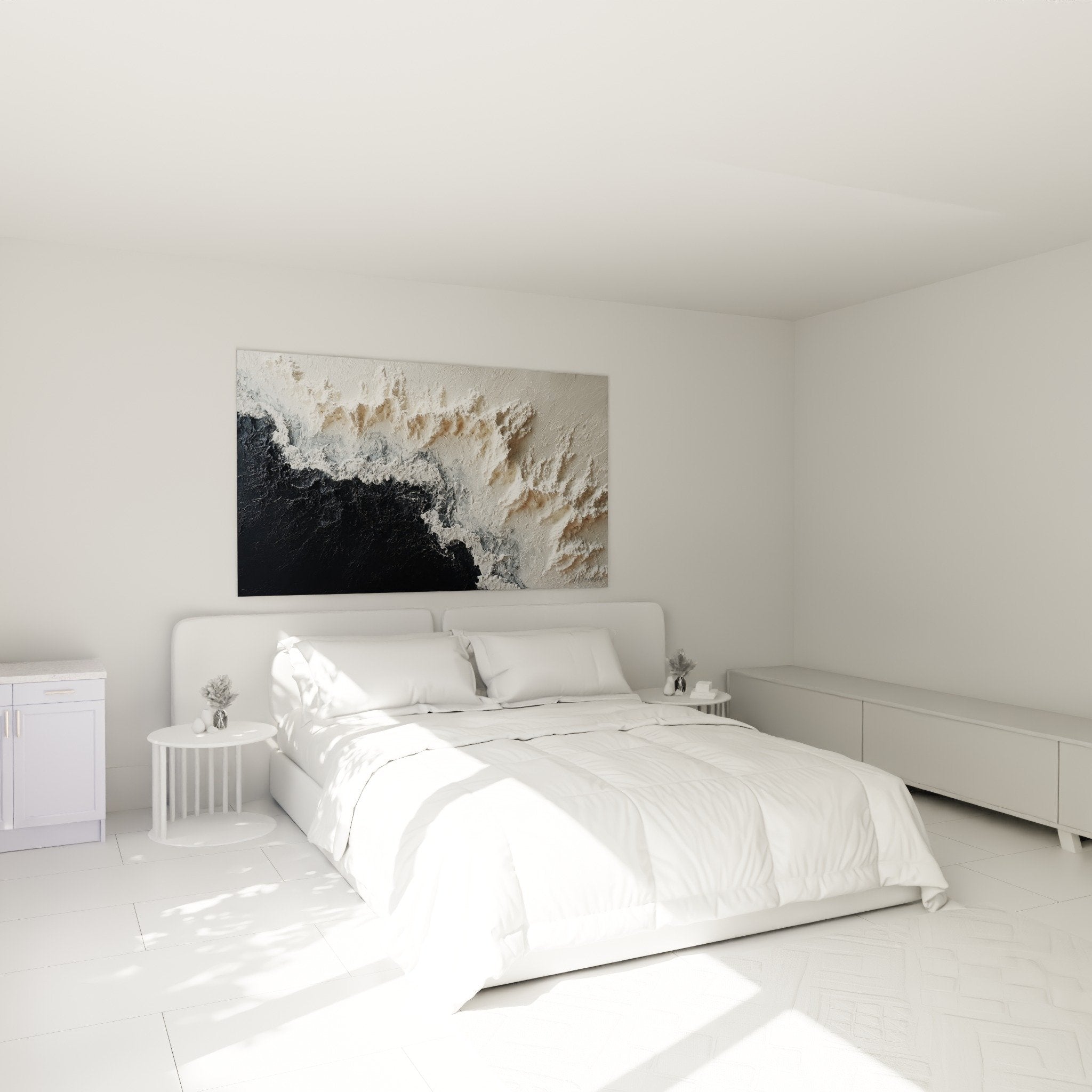 Tableau vagues texturees noir blanc dans chambre moderne decoration murale feng shui nord ouest metal