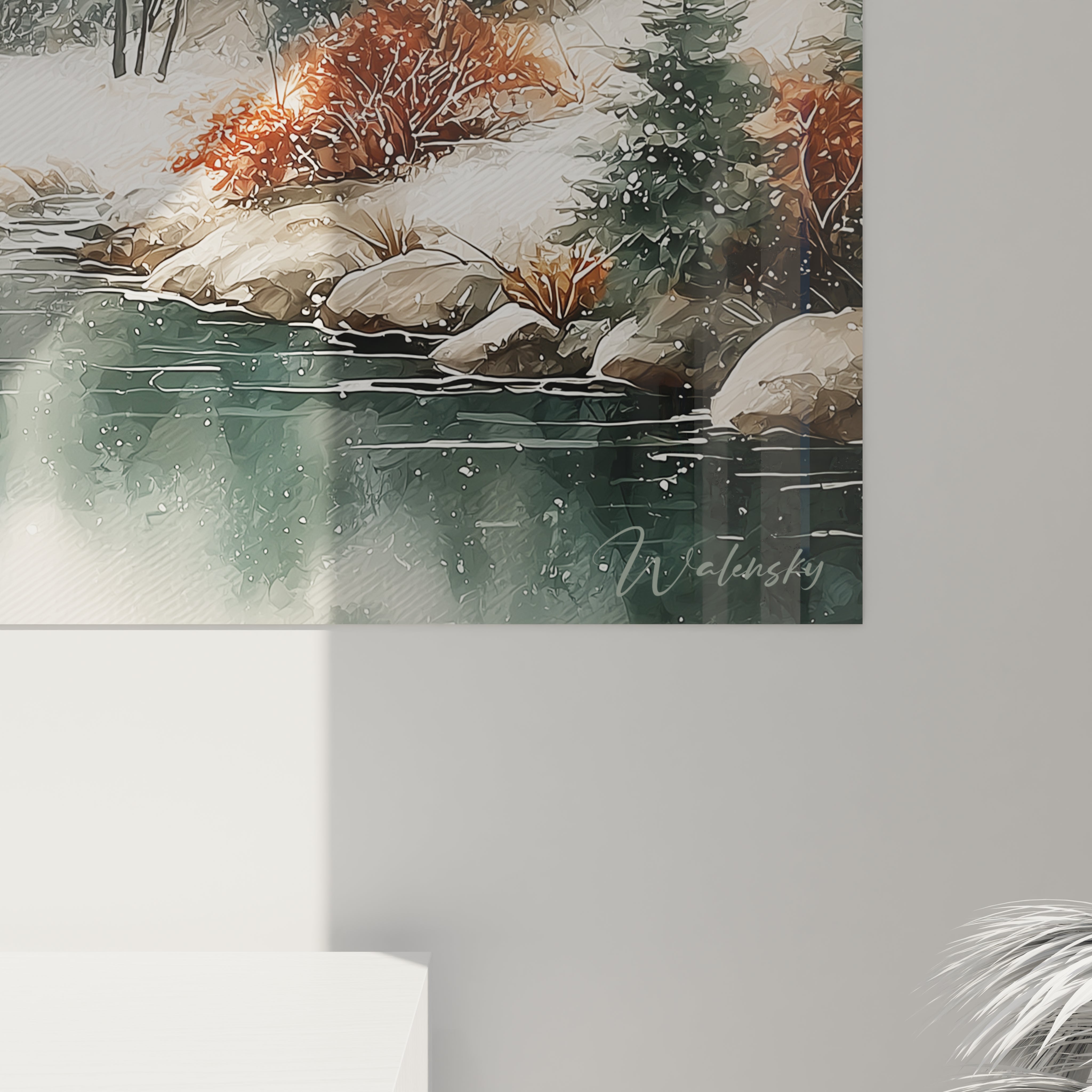tableau cerf hiver mural Walensky paysage hivernal rivière enneigée sapins rochers neige tombante