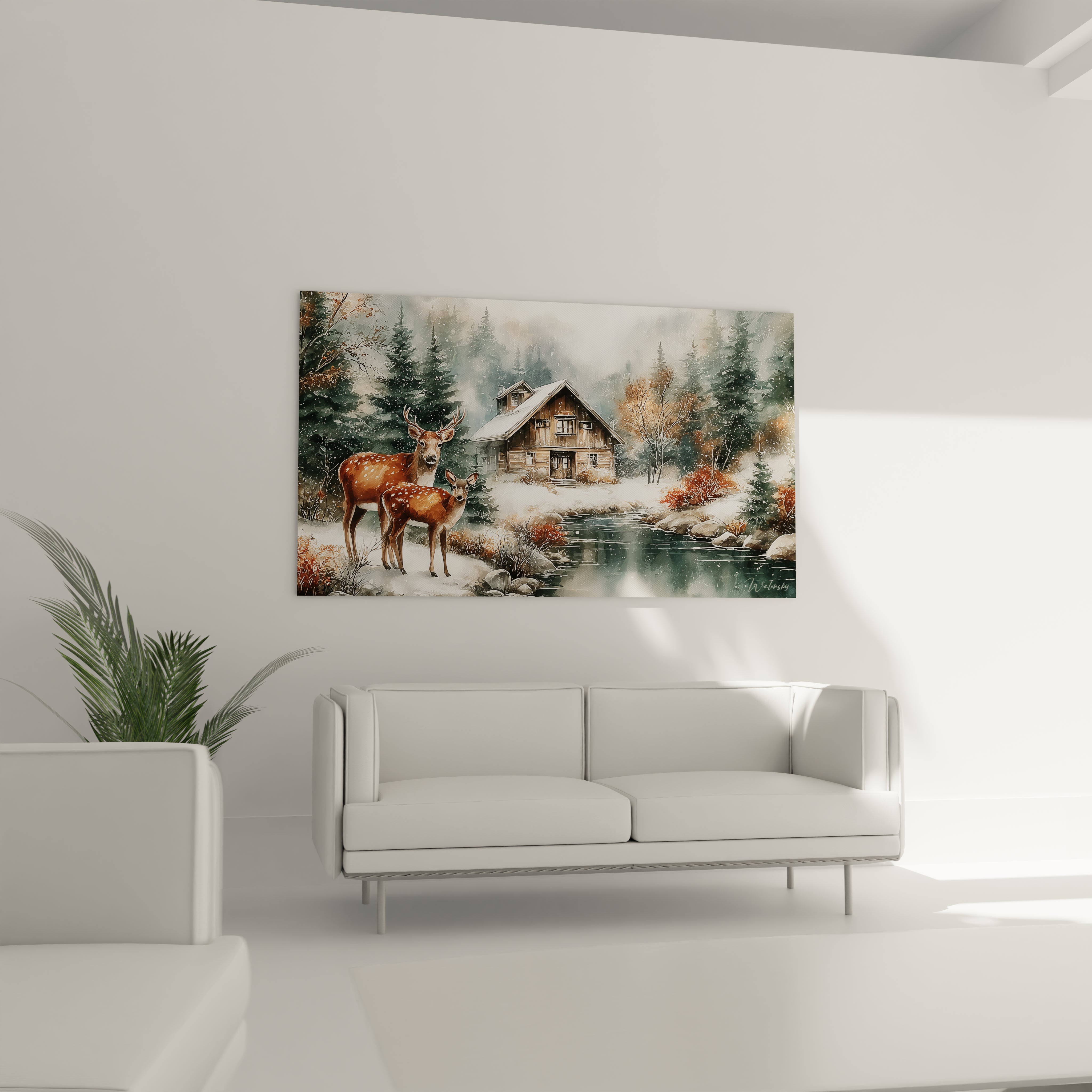 Walensky tableau cerf hiver mural representant une cabane en bois au bord du lac gele avec deux cerfs et sapins enneiges