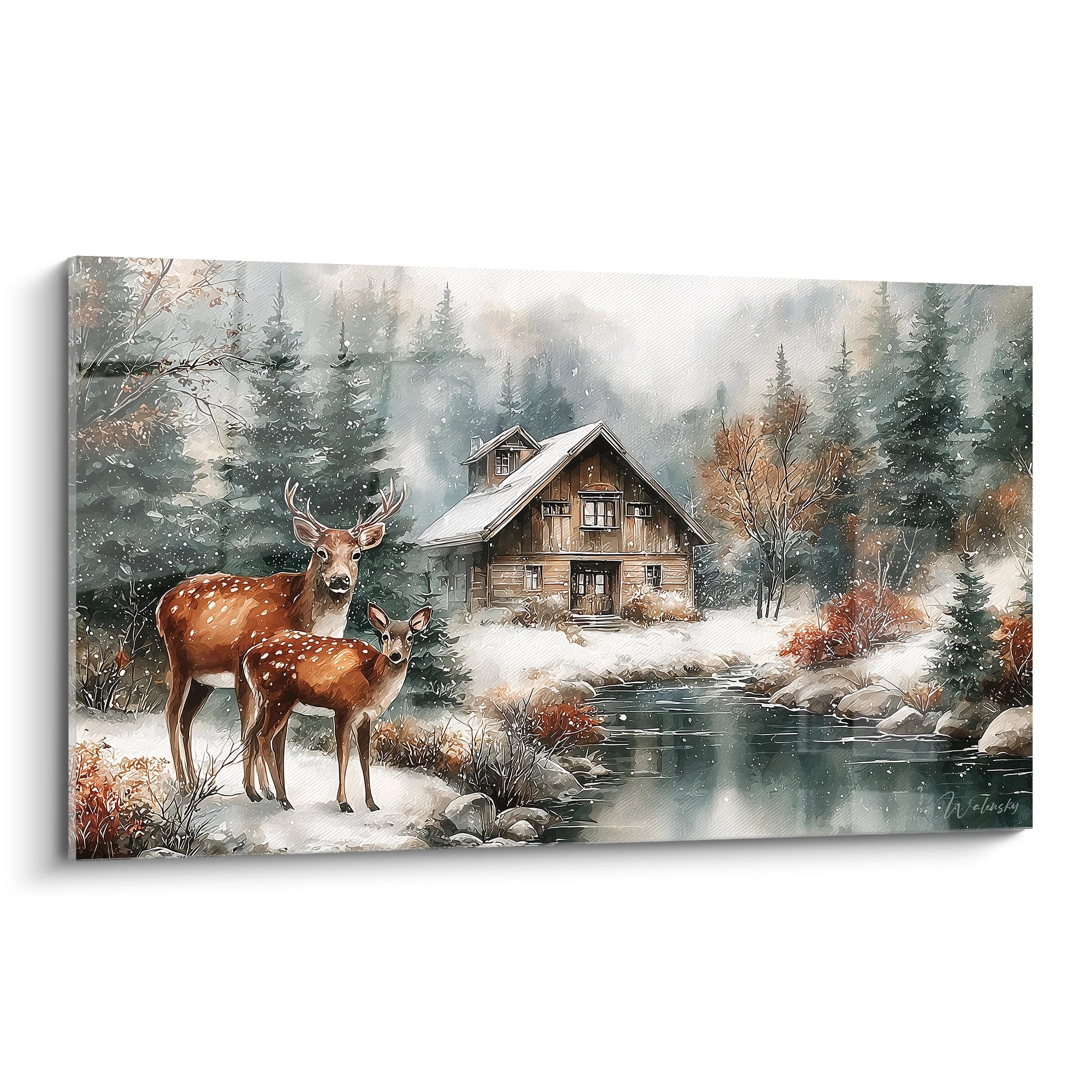 tableau cerf hiver Walensky chalet en bois au bord du lac enneigé deux cerfs forêt de sapins brume
