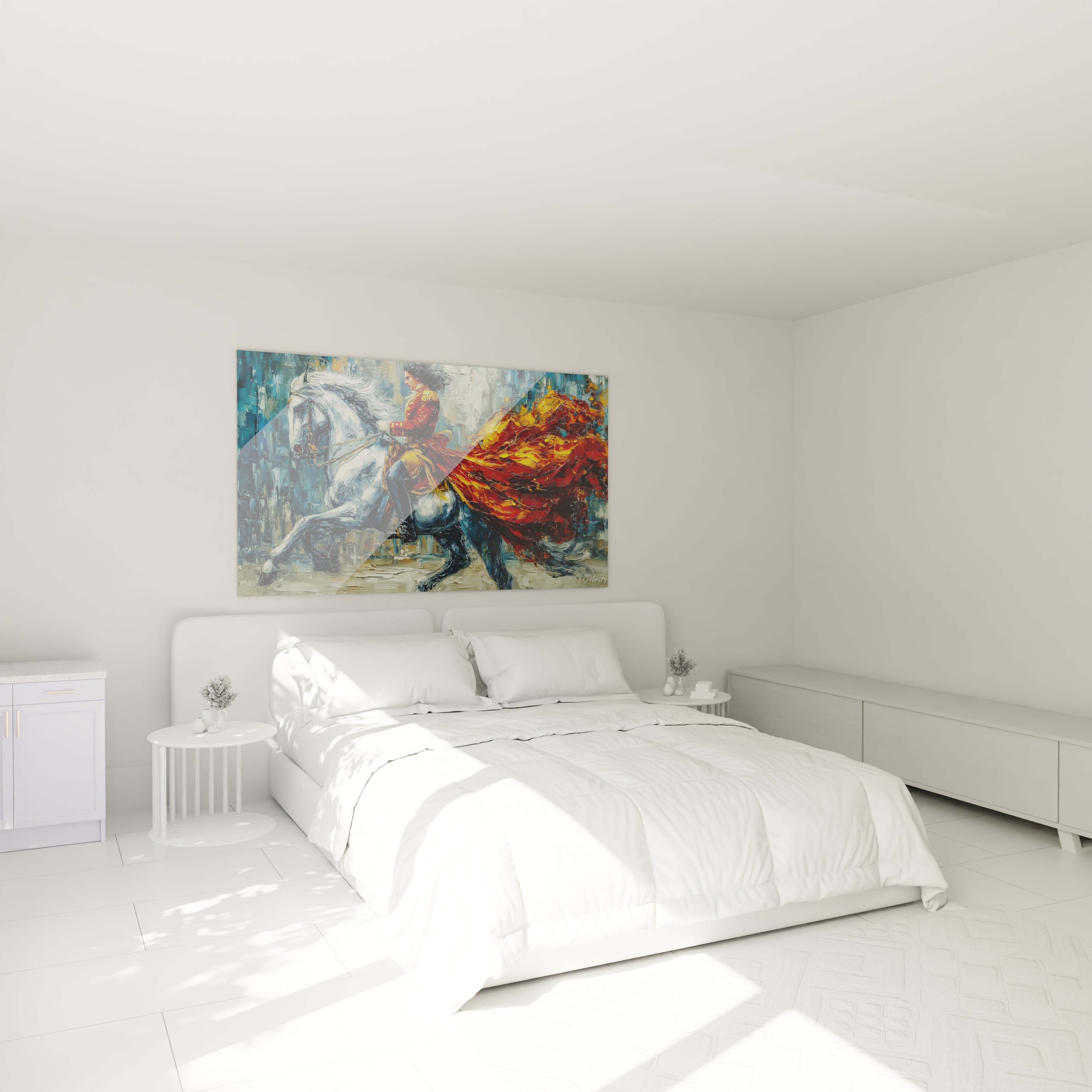 Chambre blanche minimaliste avec lit double et tableau Napoléon moderne coloré Walensky au dessus du lit