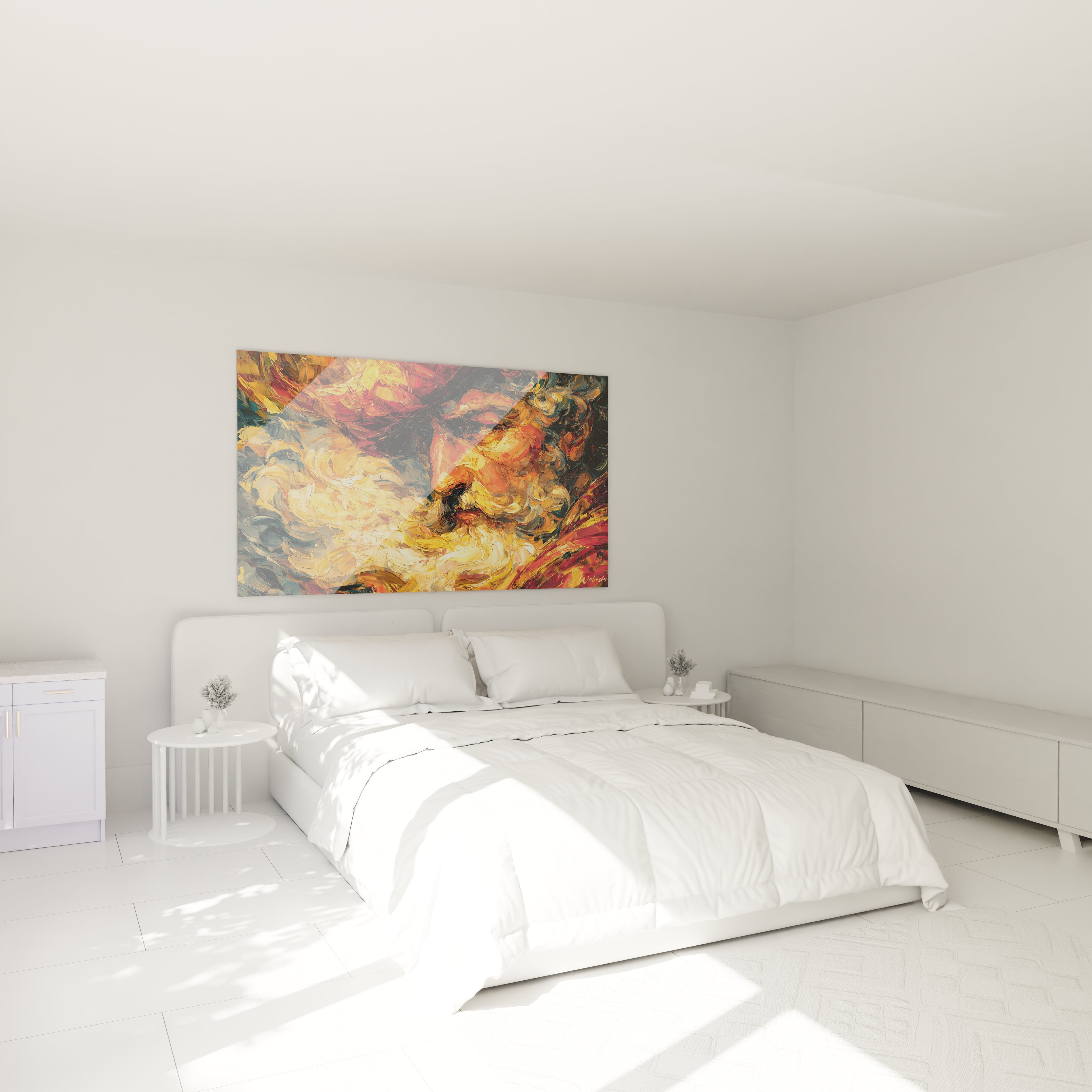 tableau portrait Christophe Colomb Walensky grand tableau mural coloré accroché au dessus d un lit blanc minimaliste