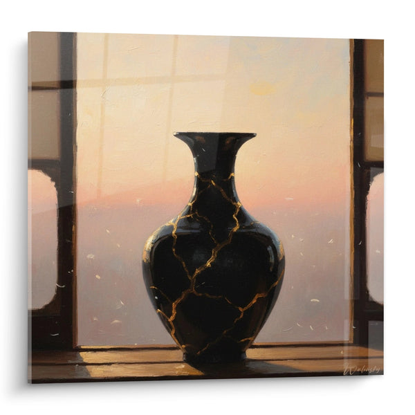 Gemälde Schwarze Vase mit Goldenen Adern auf Fensterbank - Goldenes Licht - Kintsugi Edition