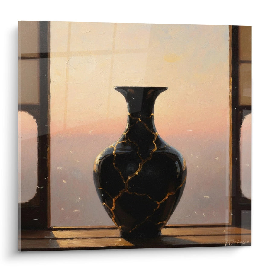 Tableau Vase Noir aux Veines Dorées sur Rebord de Fenêtre - Lumière Dorée - Edition Kintsugi