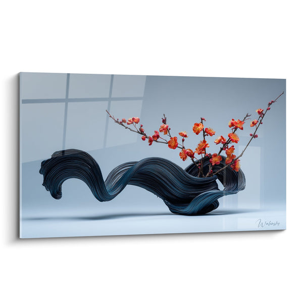 Contemporary Undulating Vase Wall Art Midnight Blue with Flowering Branches - Fluid Elegance - Ikebana Edition