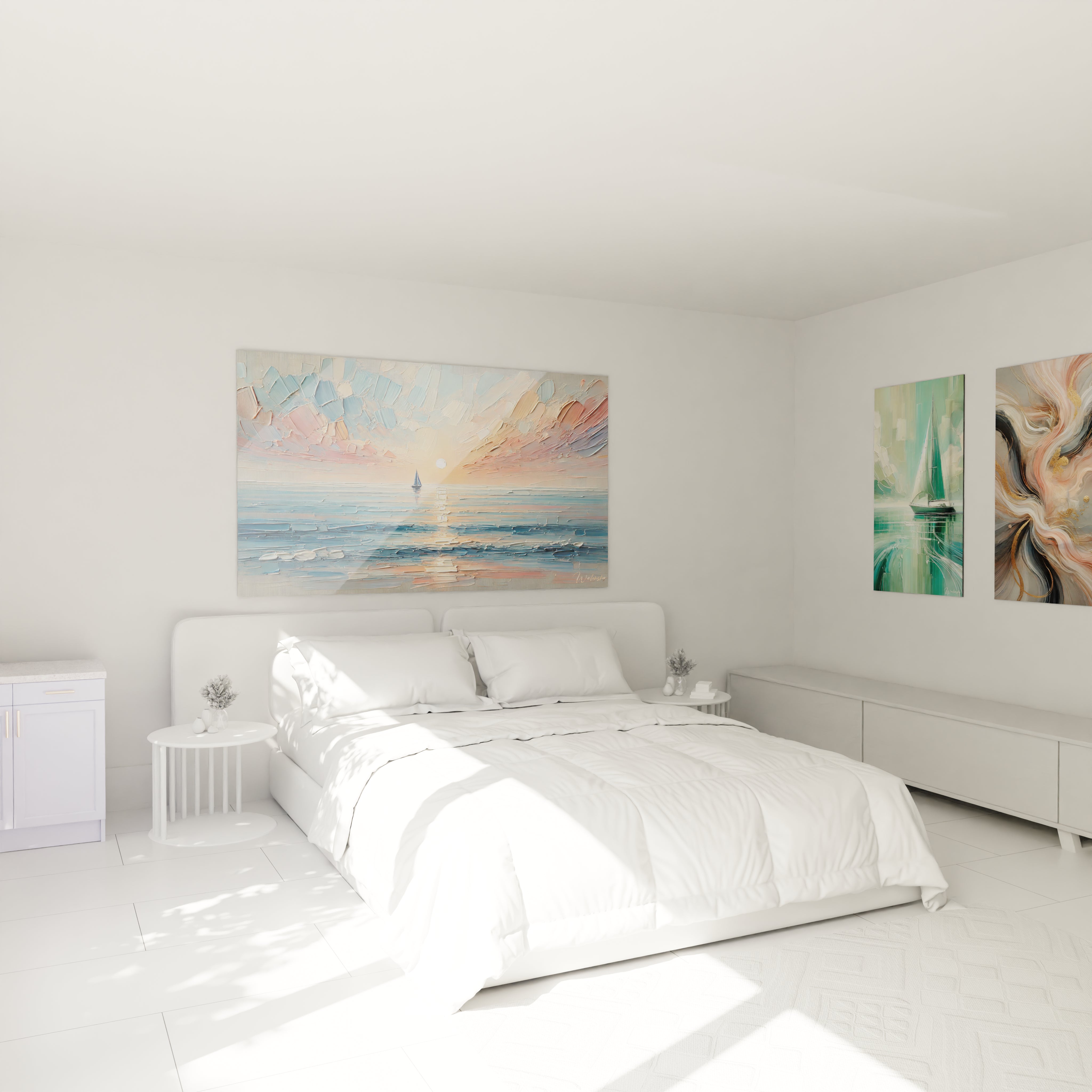 Tableau voilier au coucher du soleil dans une chambre moderne. Couleurs douces et pastel, créant une atmosphère apaisante pour l'espace de repos."