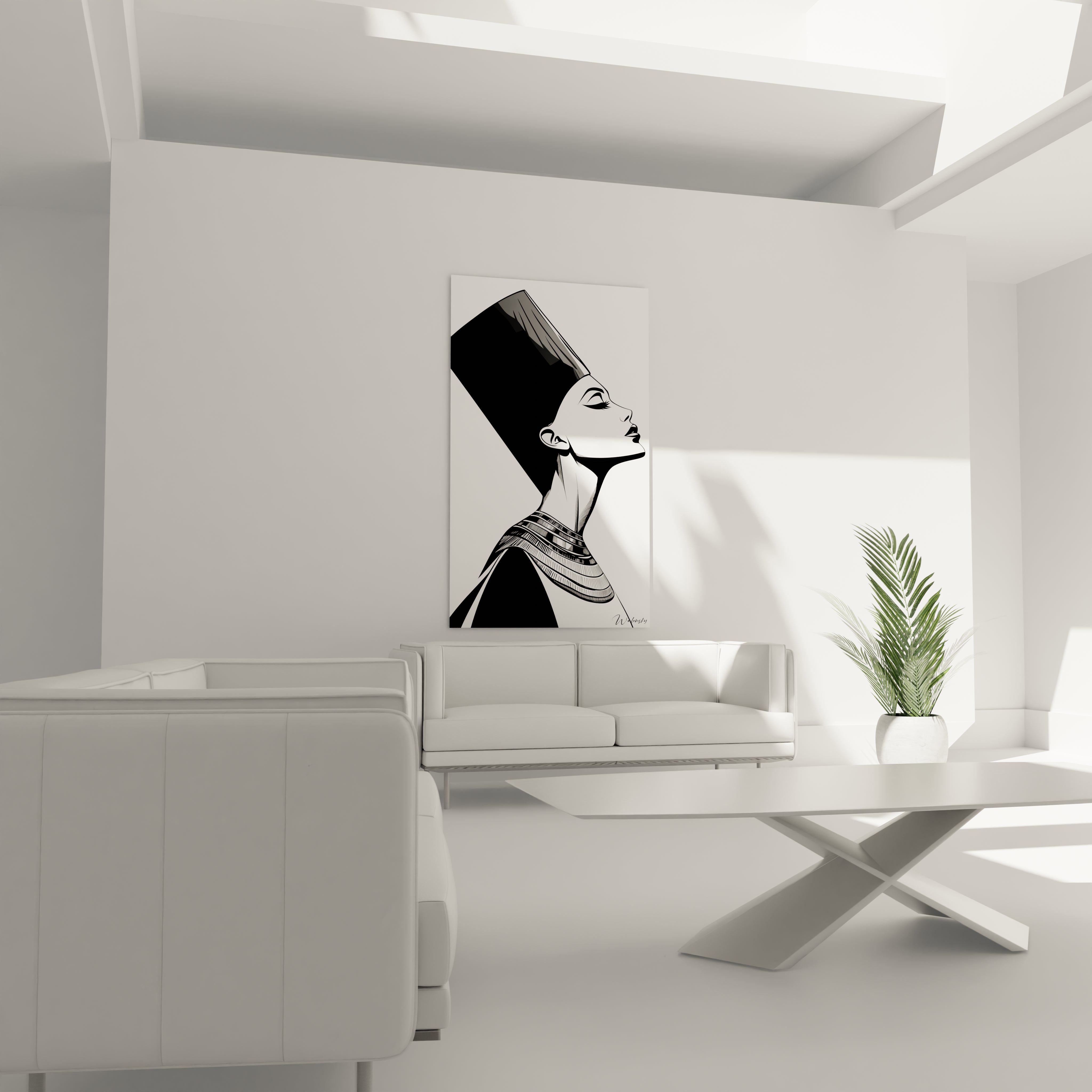 Tableau Egypte mural en noir et blanc représentant une reine égyptienne dans un salon moderne Walensky
