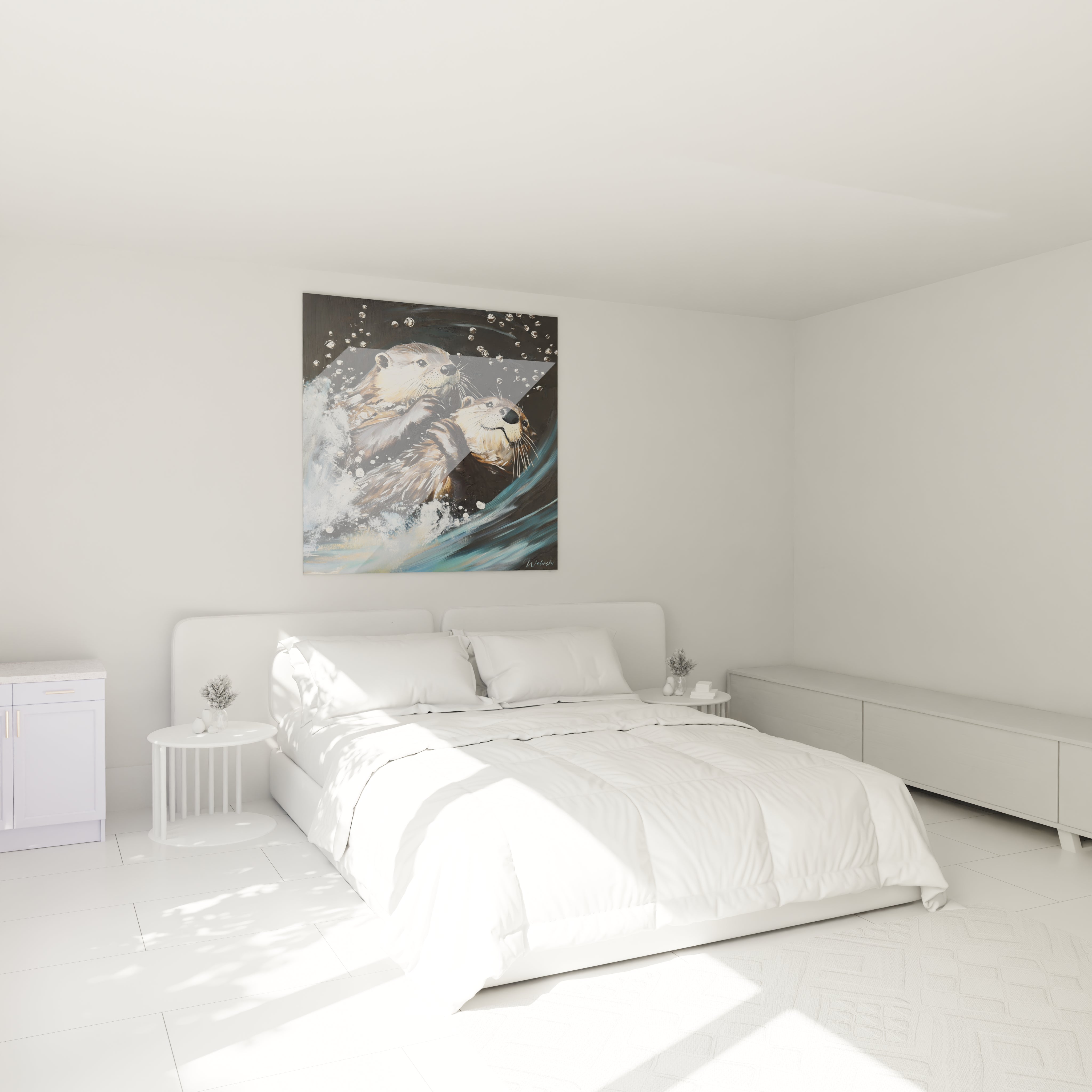 Tableau loutre Walensky accroché au-dessus d'un lit double dans une chambre blanche minimaliste