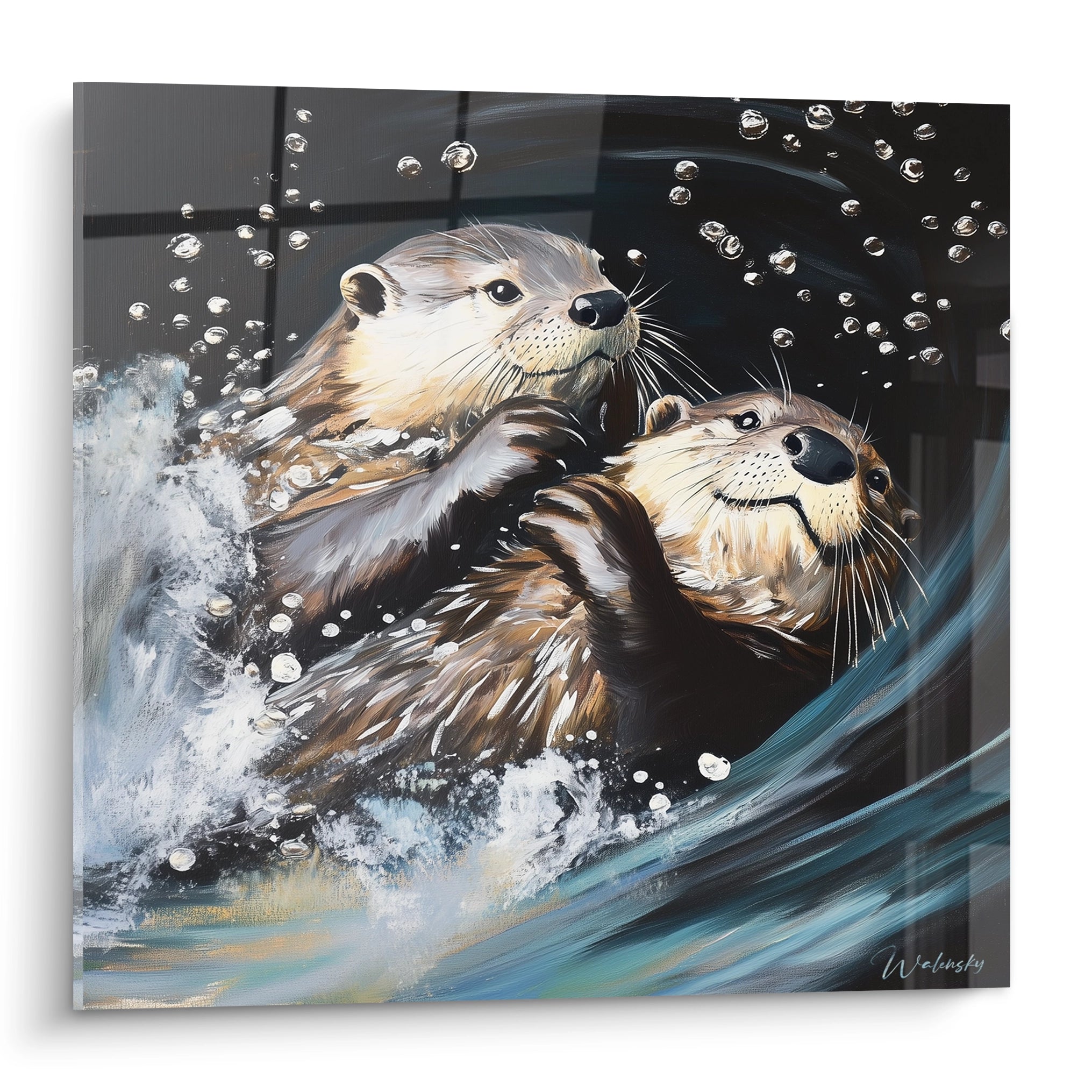 Tableau loutre signé Walensky représentant deux loutres jouant dans l'eau avec des bulles