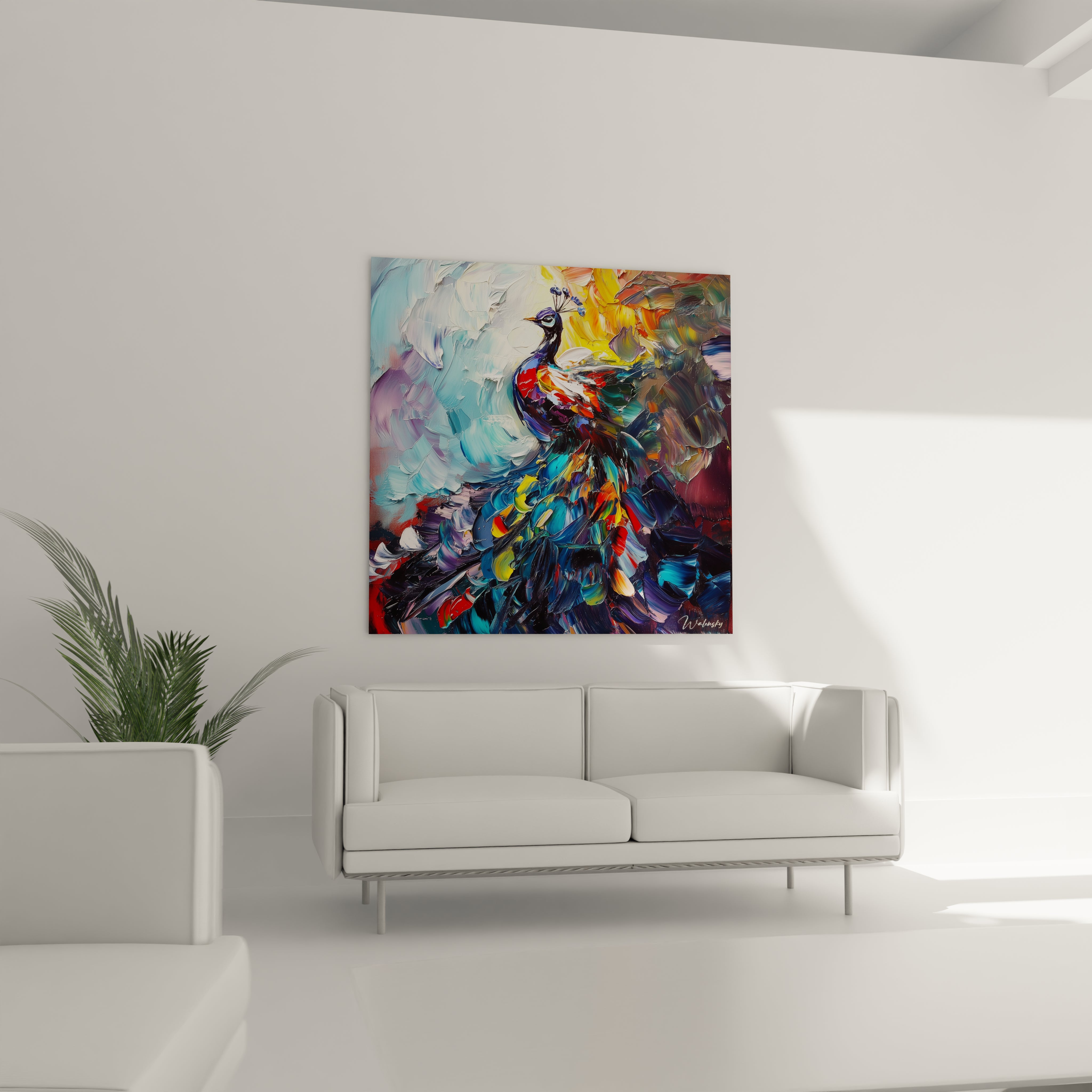 Tableau paon coloré de Walensky accroché au-dessus d'un canapé blanc dans un salon moderne