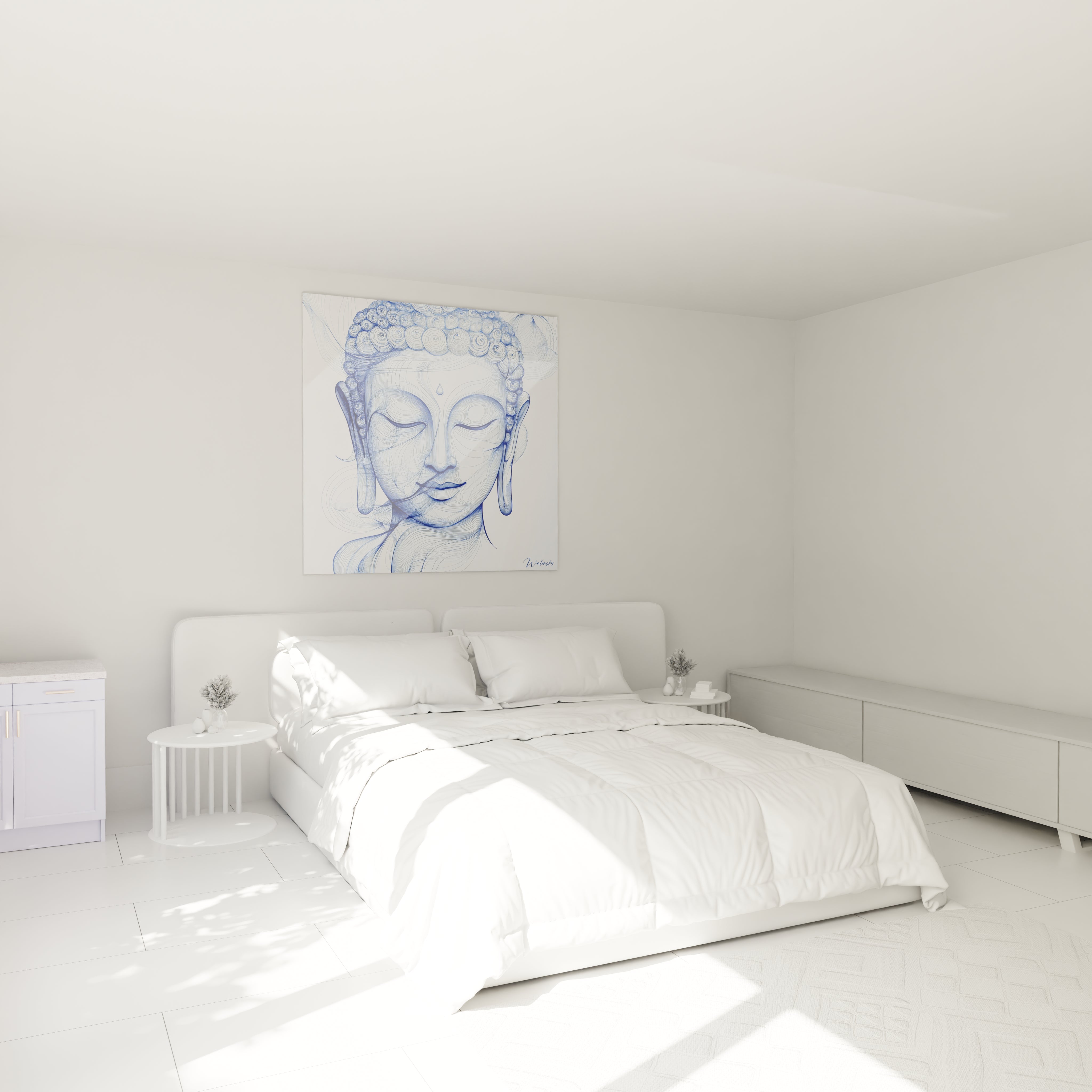 Tableau Bouddha Walensky en bleu accroché au-dessus d'un lit dans une chambre blanche moderne