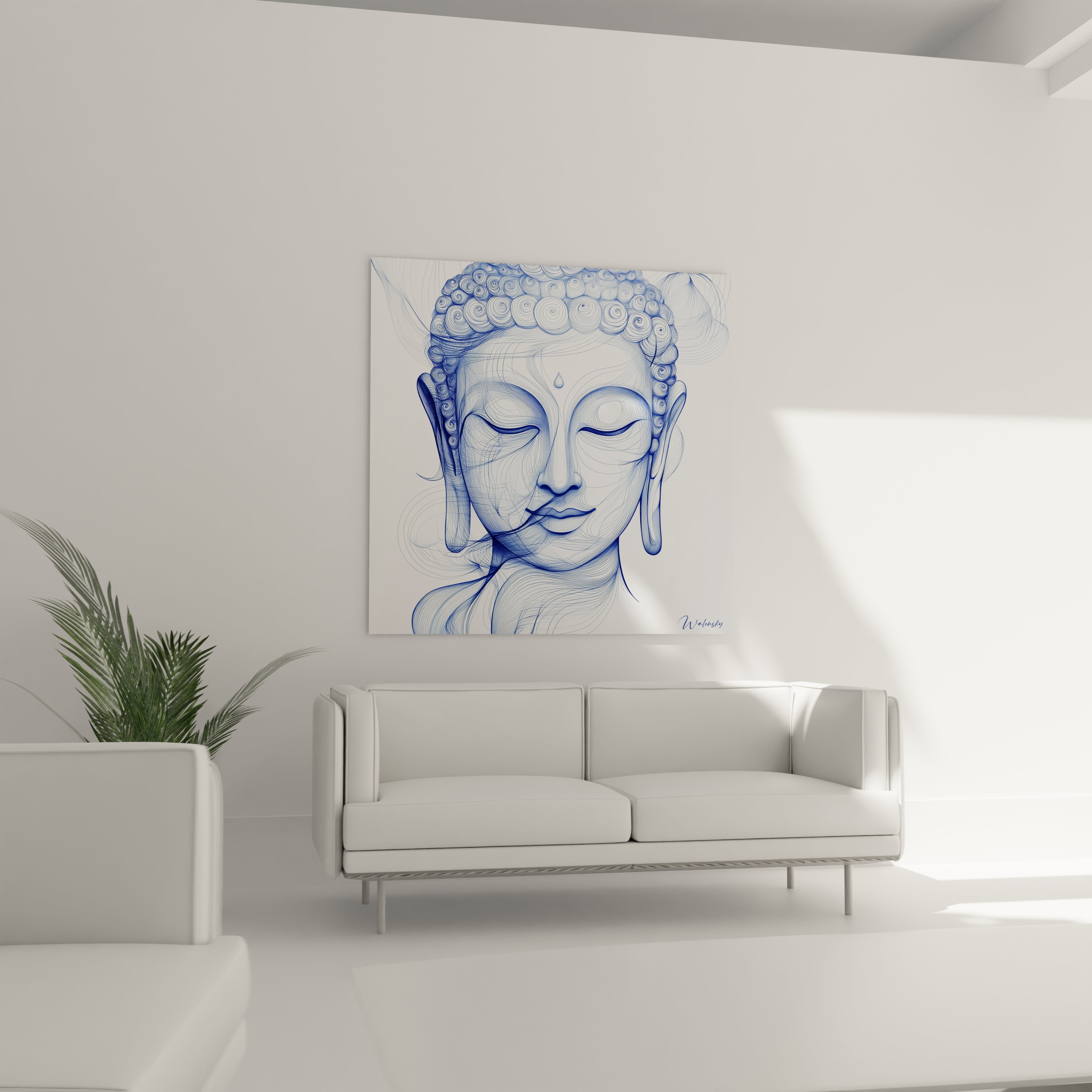 Tableau Bouddha bleu signé Walensky accroché dans un salon lumineux avec canapé blanc moderne
