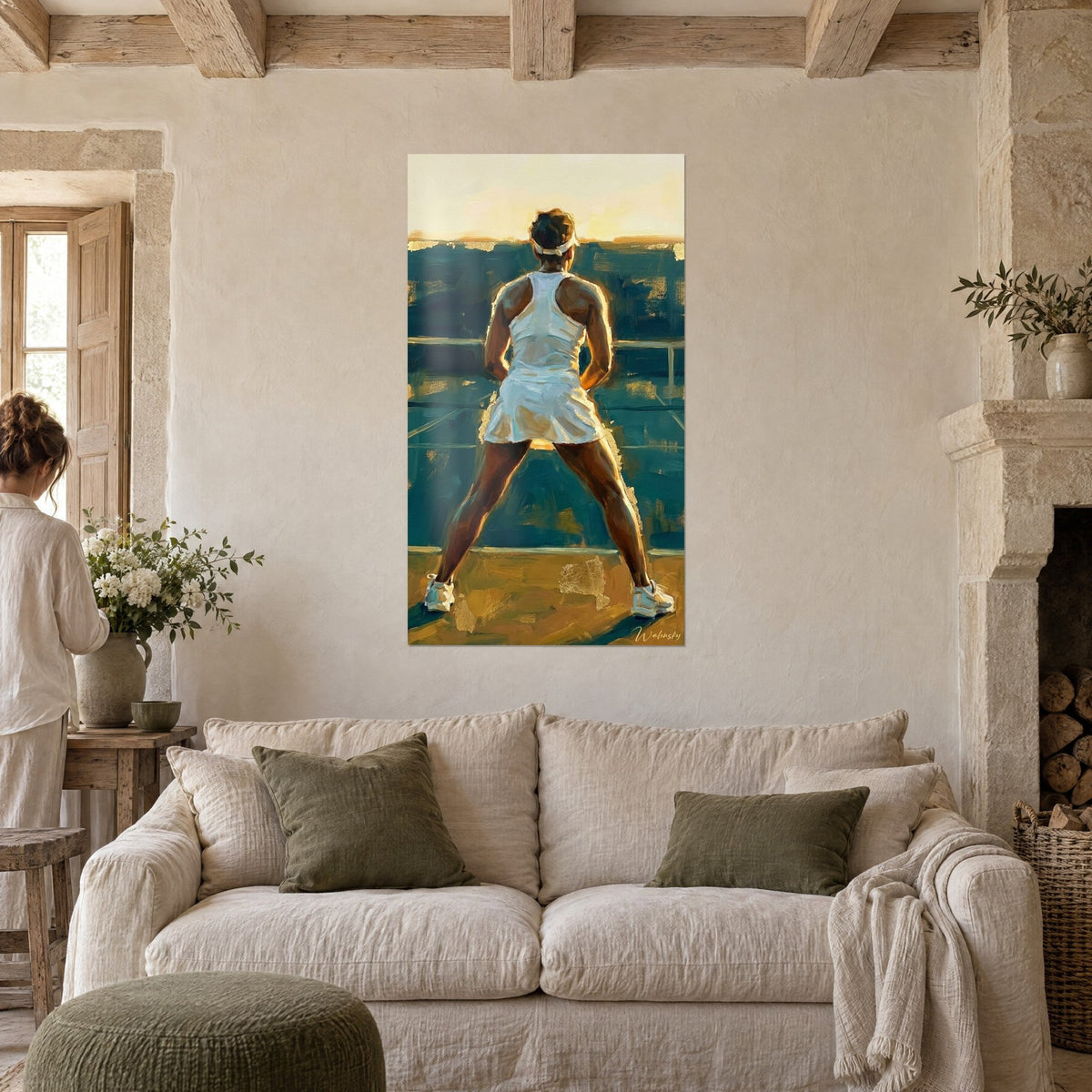 Wall art female tennis player from behind in a white dress, teal background with golden highlights, above a sofa in a bright living room