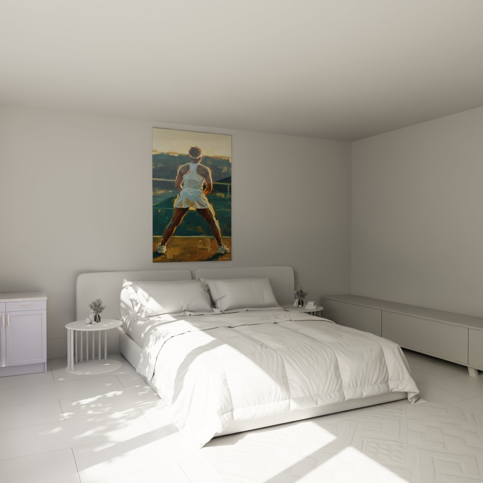 Tableau tennis féminin accroché dans une chambre moderne, création artistique sportive murale décorative