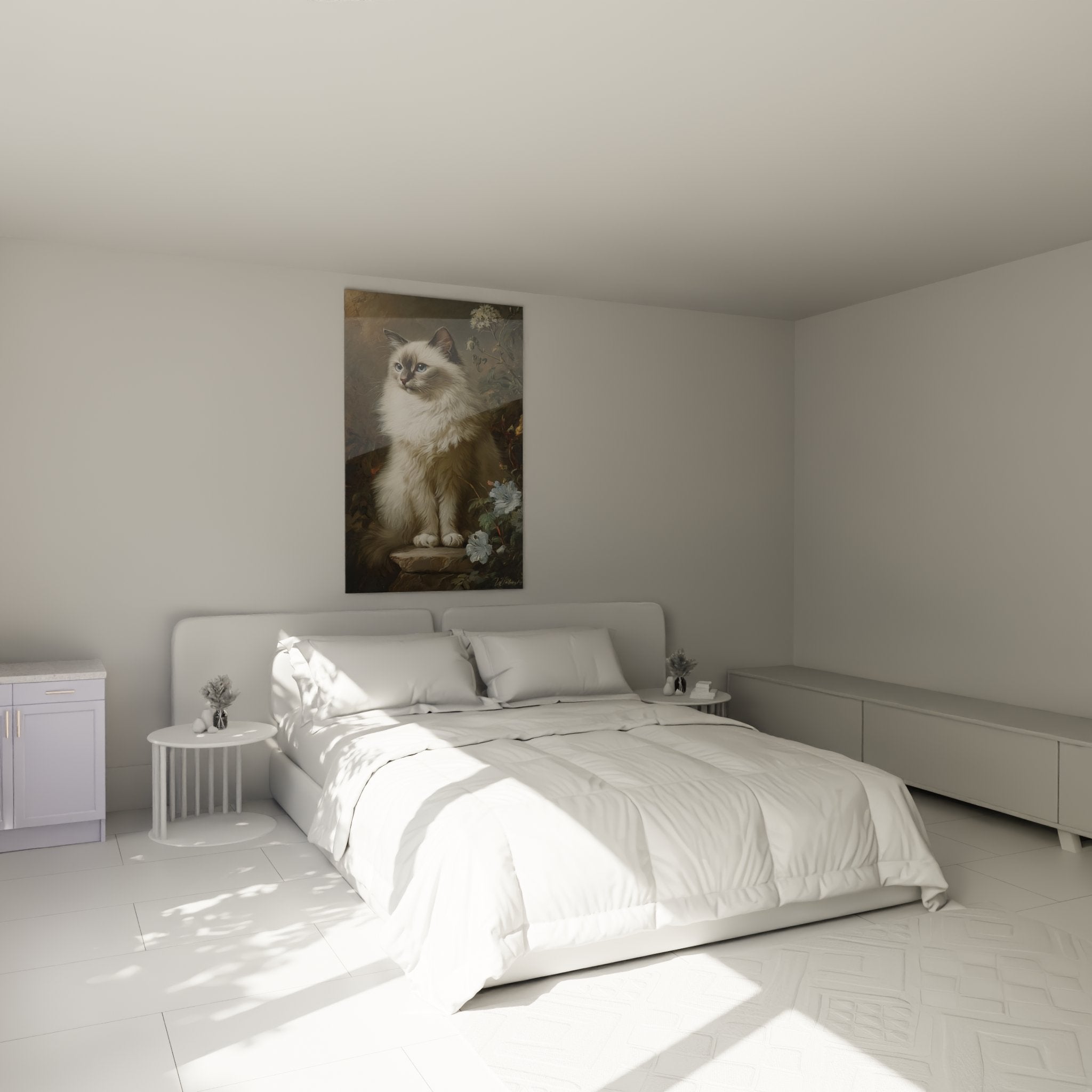Quadro gatto Birmano romantico appeso sopra un letto in camera moderna con elegante decorazione murale