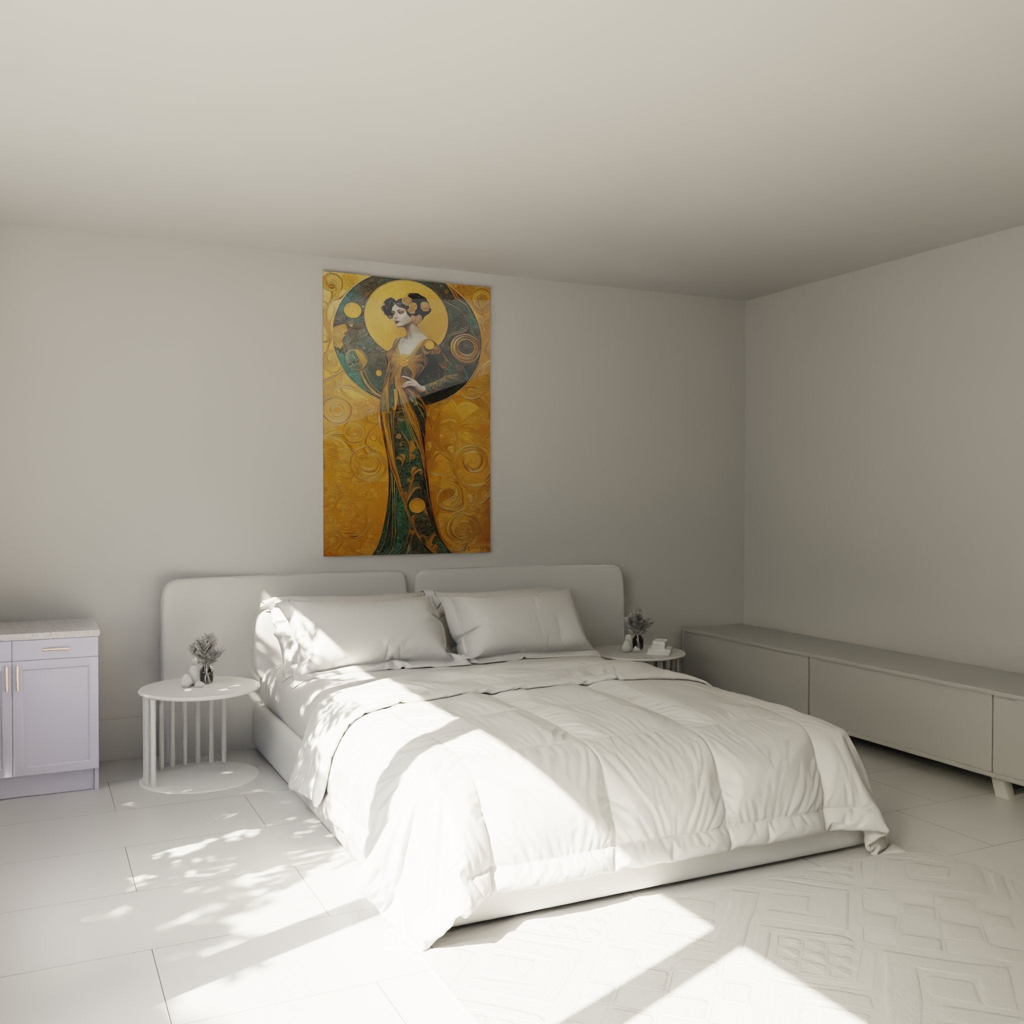 Art Nouveau golden woman painting in modern bedroom wall decor elegant art deco style