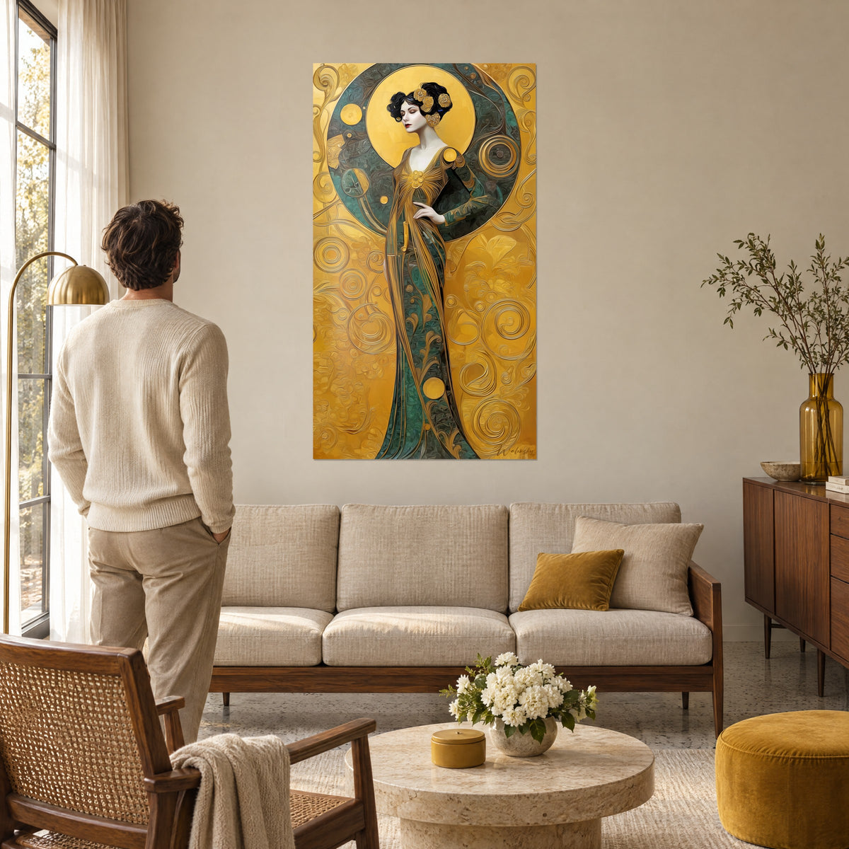 Πίνακας γυναίκα Art Nouveau με μαύρα μαλλιά μπροστά σε χρυσό δίσκο, σμαραγδένιο φόρεμα, χάλκινες σπείρες, πάνω από καναπέ σε φωτεινό σαλόνι