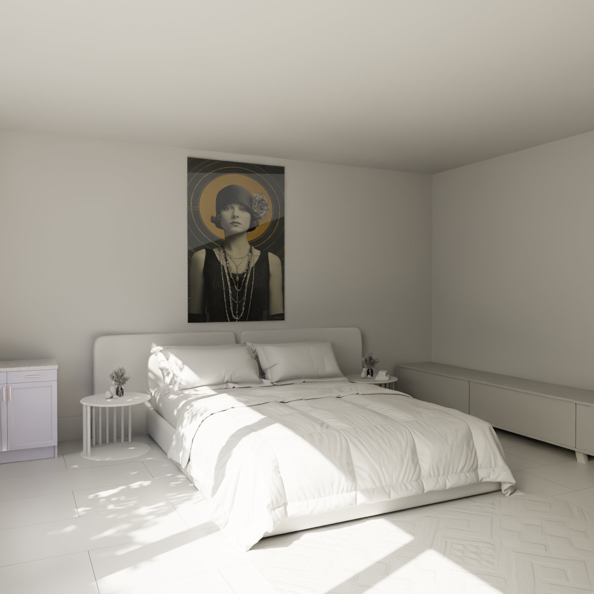 Wall art deco bedroom decoration with vintage 1920s woman portrait gatsby style