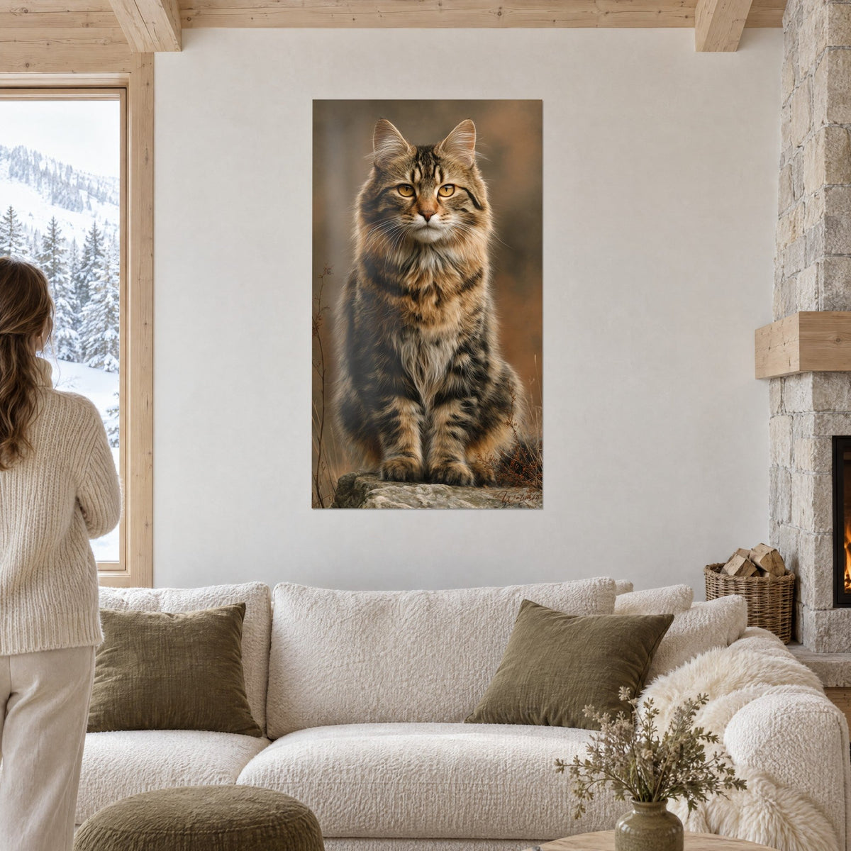 Wall art American Bobtail cat with brown and rust tabby coat, amber eyes, above a sofa in a bright living room