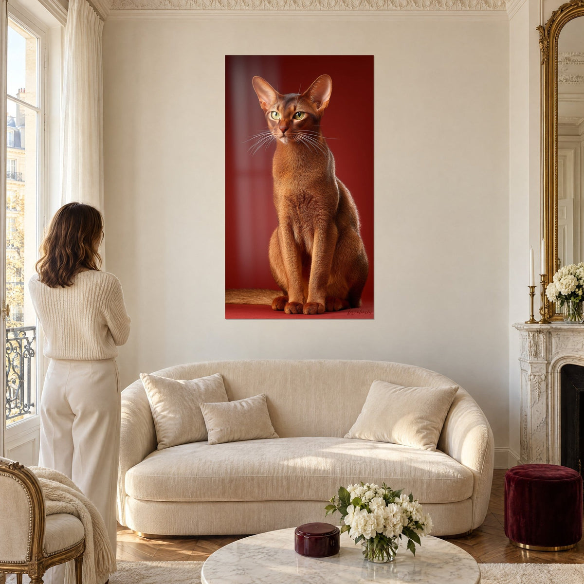 Schilderij Abessijnse kat met koperkleurige vacht, groene ogen, bordeauxrode achtergrond, boven een bank in een lichte woonkamer