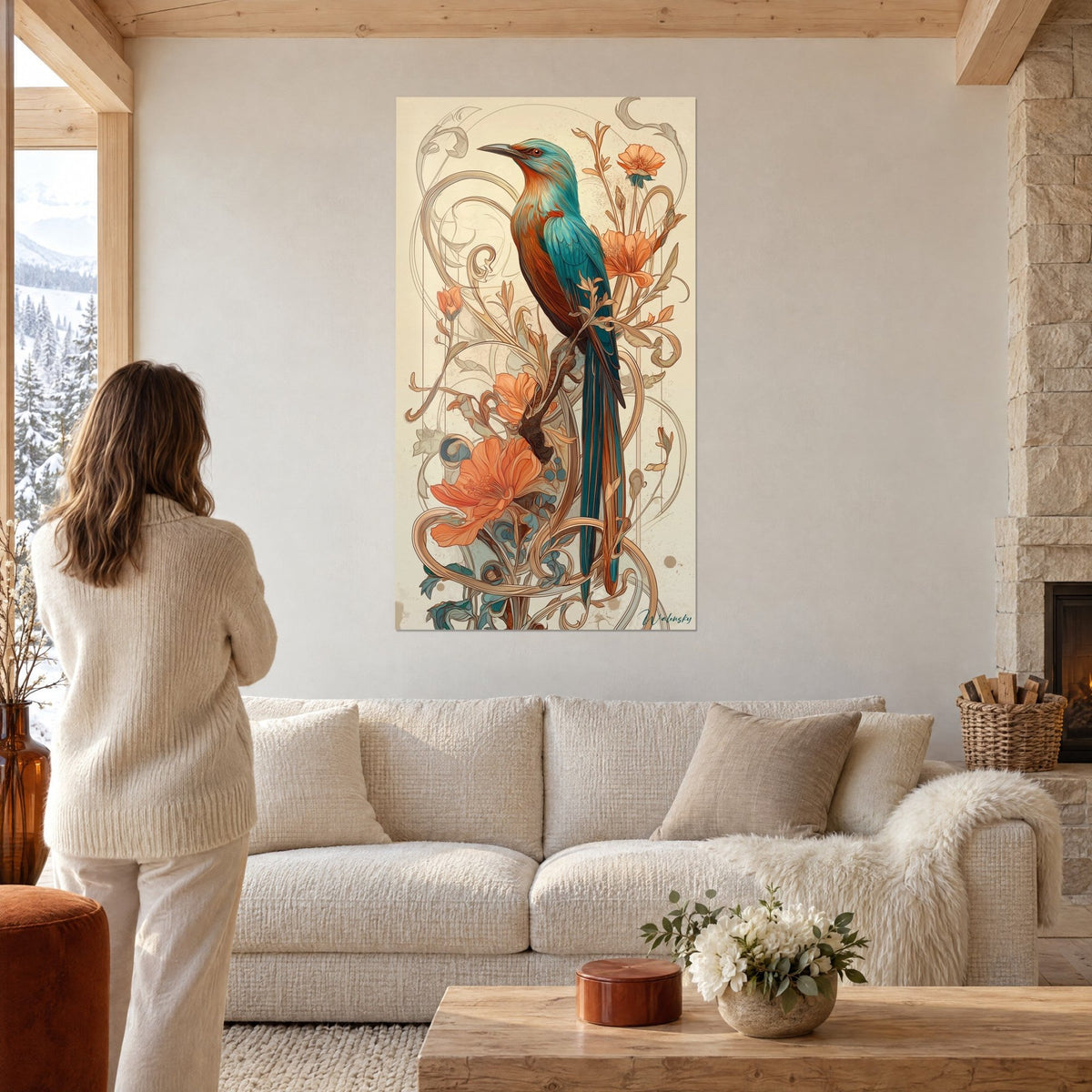 Tableau oiseau exotique à plumage turquoise et poitrail cuivré perché parmi des fleurs orange, au-dessus d'un canapé dans un salon lumineux