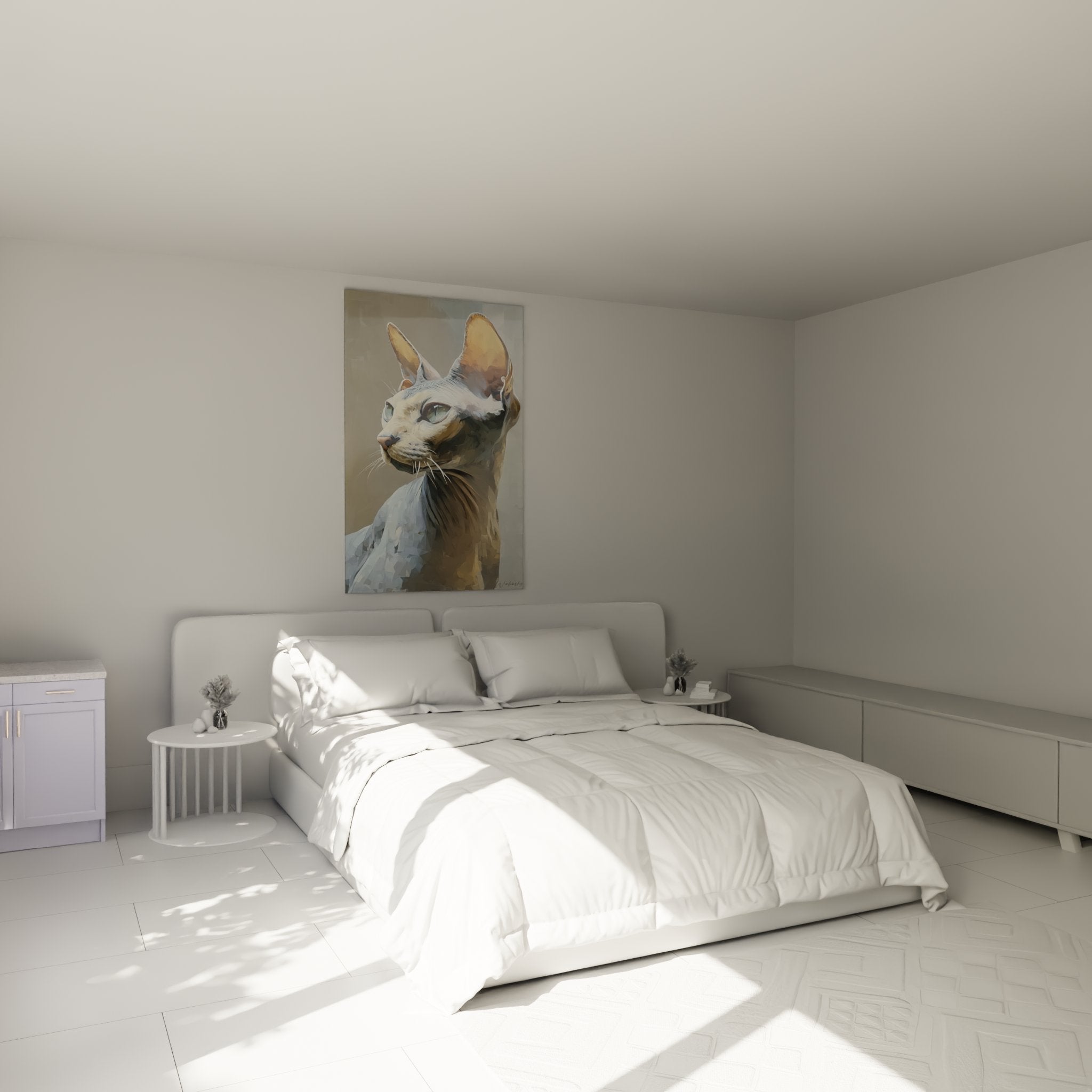 Decorazione murale gatto Sphynx in camera moderna, quadro felino elegante sopra il letto
