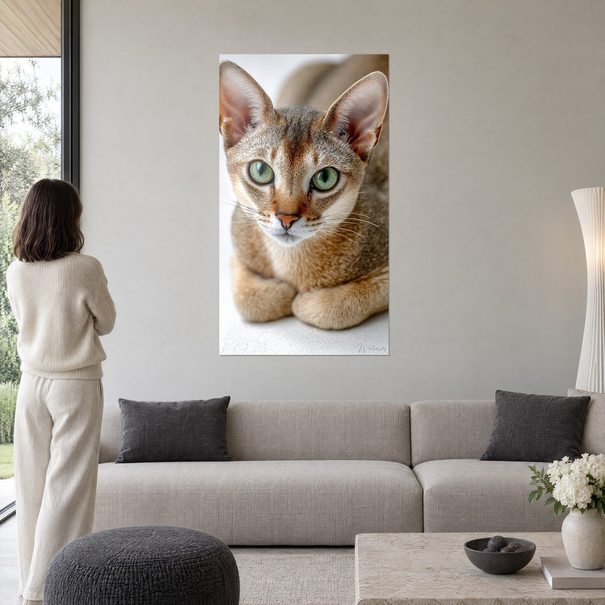 Gemälde Singapura-Katze mit grünen Augen, beiges Fell mit braunen Streifen, starrer Blick, über einem Sofa in einem hellen Wohnzimmer