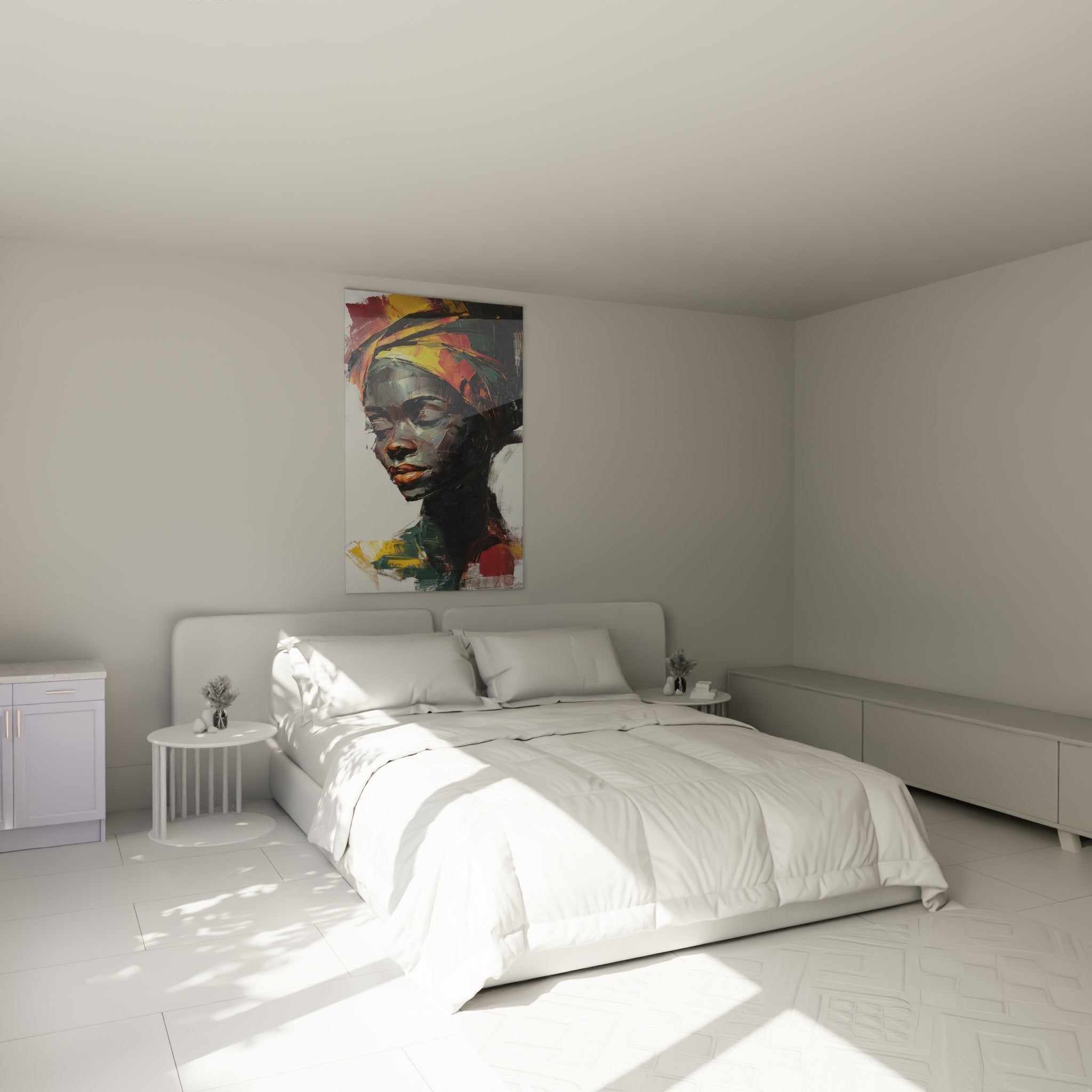 Ritratto di donna africana che decora una camera moderna, quadro colorato sopra il letto