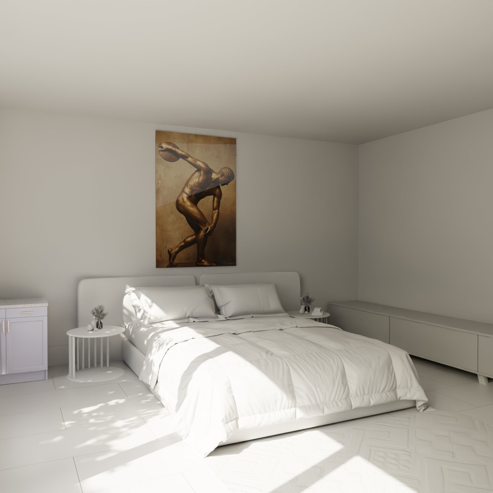 Décoration murale chambre avec tableau lanceur de disque bronze, ambiance athlétisme classique