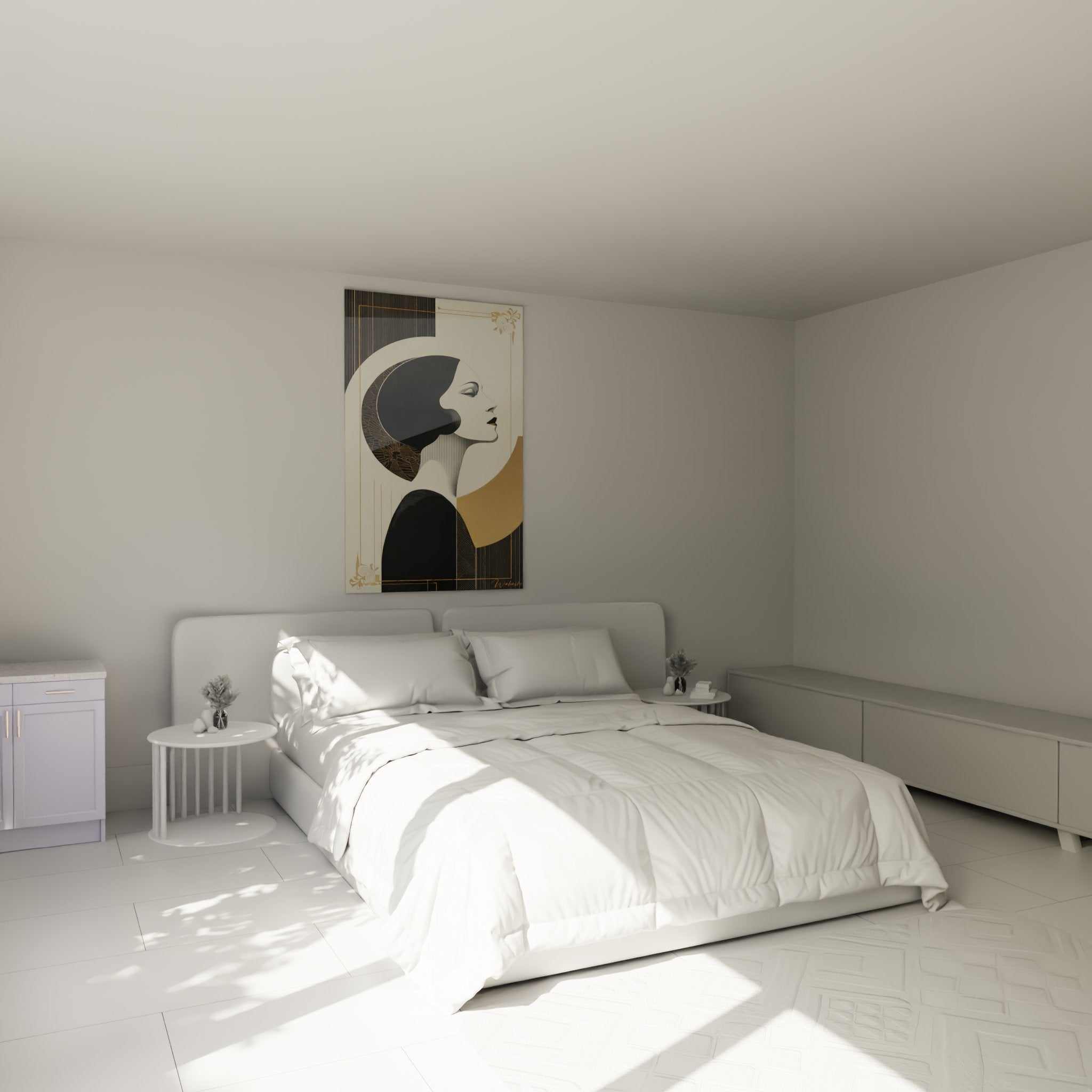 Quadro art deco ritratto donna in camera moderna decorazione murale sofisticata atmosfera accogliente