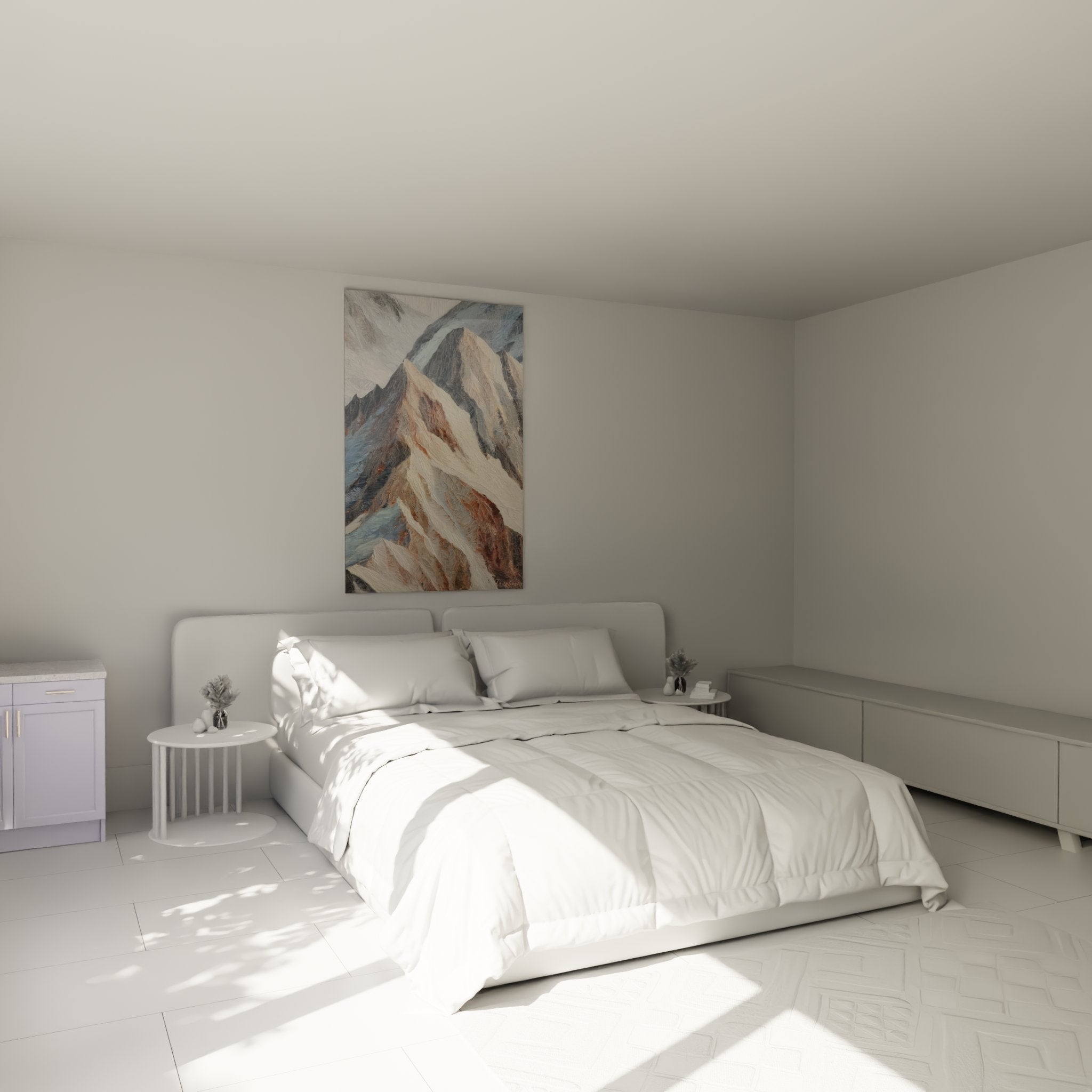 Tableau montagne pyrénéenne dans chambre moderne, décoration murale apaisante aux tons naturels