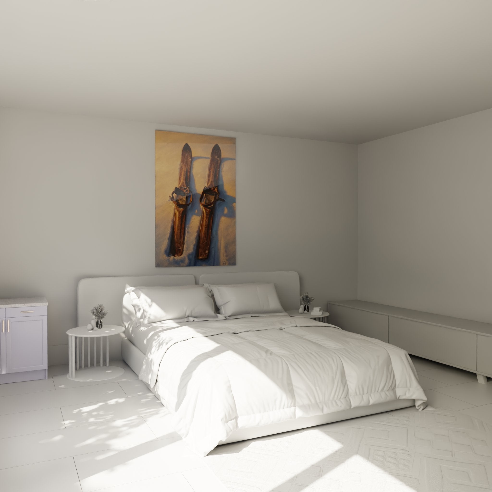 Décoration chambre avec tableau skis anciens vintage, art mural montagne pour intérieur chalet moderne