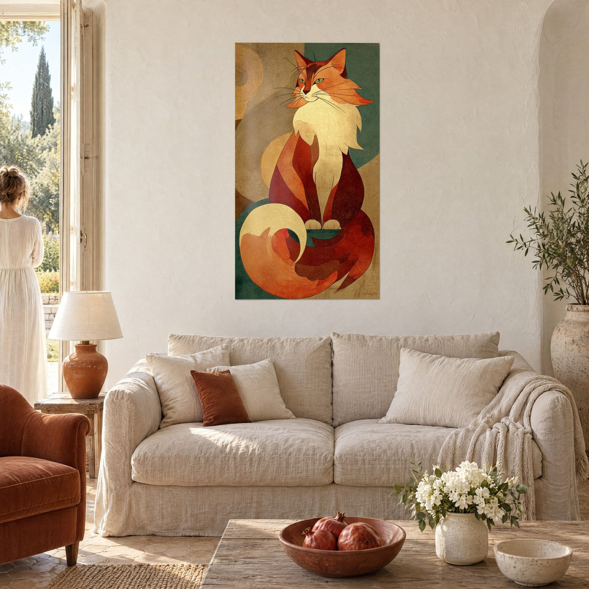 Gemälde Somali-Katze rotbraun mit cremefarbener Brust, eingerollter Schwanz, entenblauer grüner Hintergrund, eine Frau von hinten, über einem Sofa in einem hellen Wohnzimmer